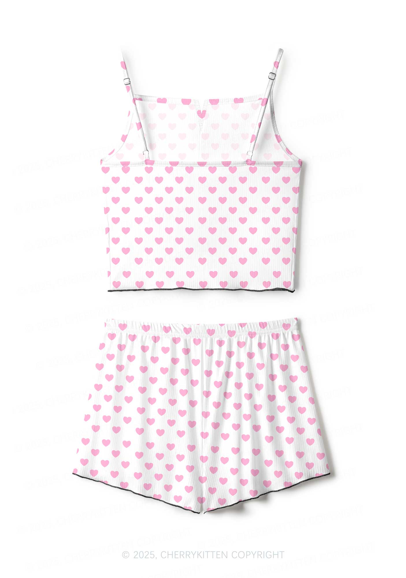 Pink Heart On White Valentine's Day Y2K Print Cami Shorts Pajama Set Cherrykitten