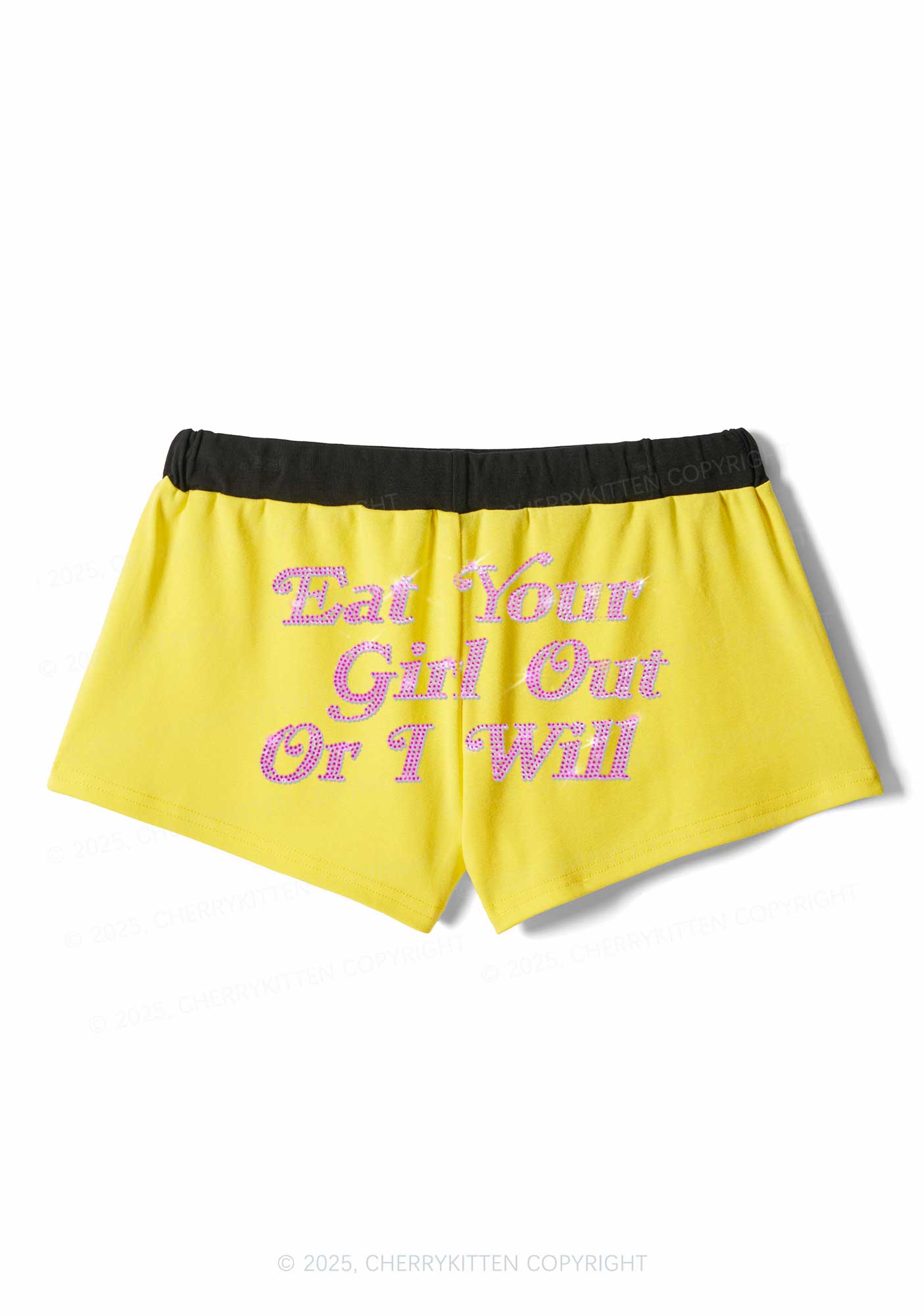 Rhinestone Eat Your Girl Out Y2K Drawstring Mini Shorts Cherrykitten