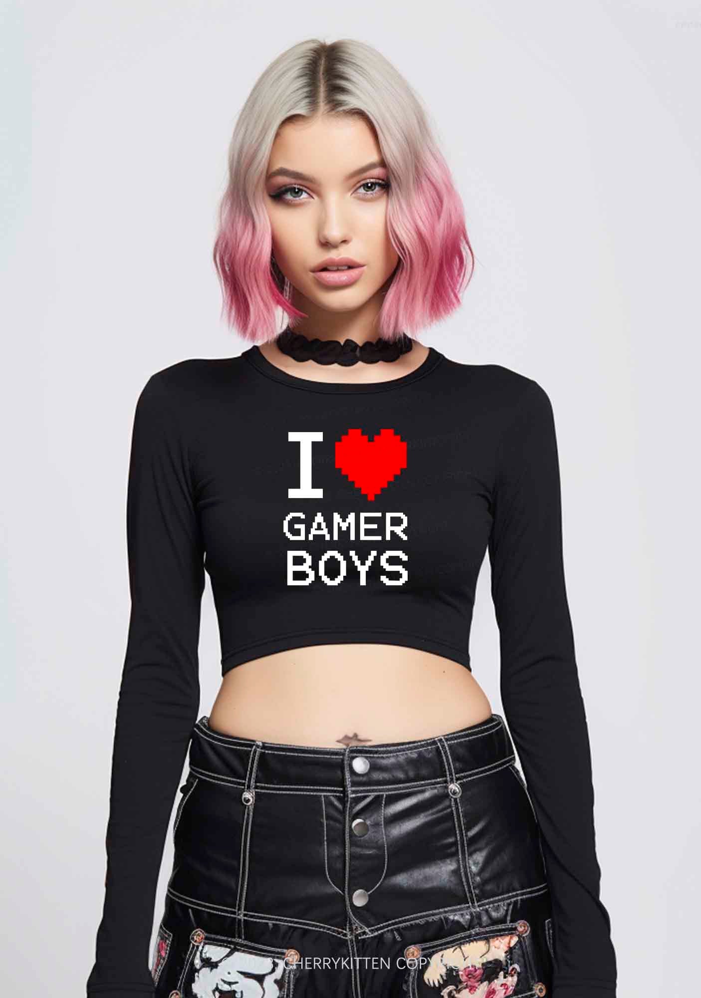I Love Gamer Boys Y2K Long Sleeve Crop Top Cherrykitten