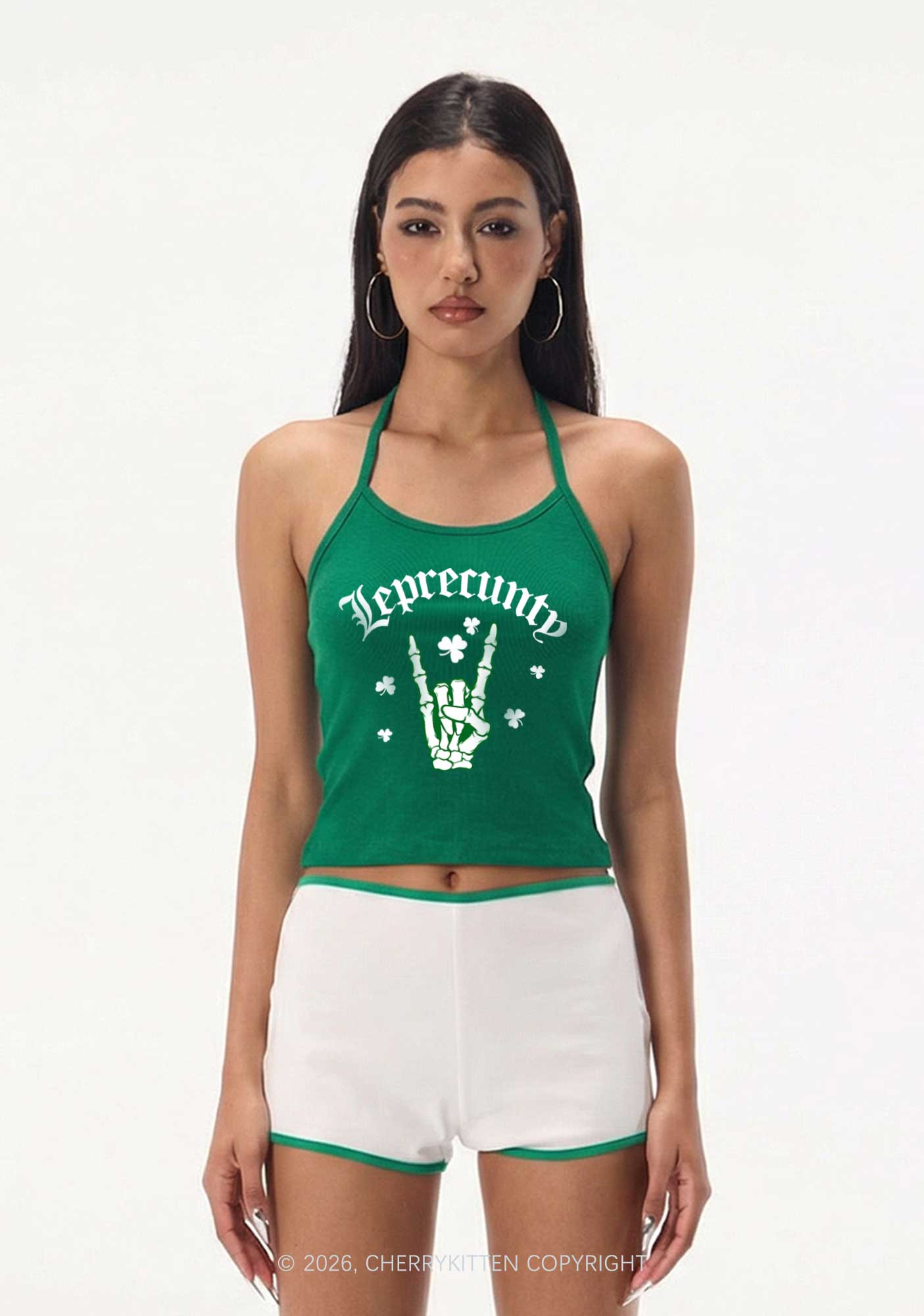 Leprecunty Skull St Patricks Y2K Halter Neck Cami Cherrykitten