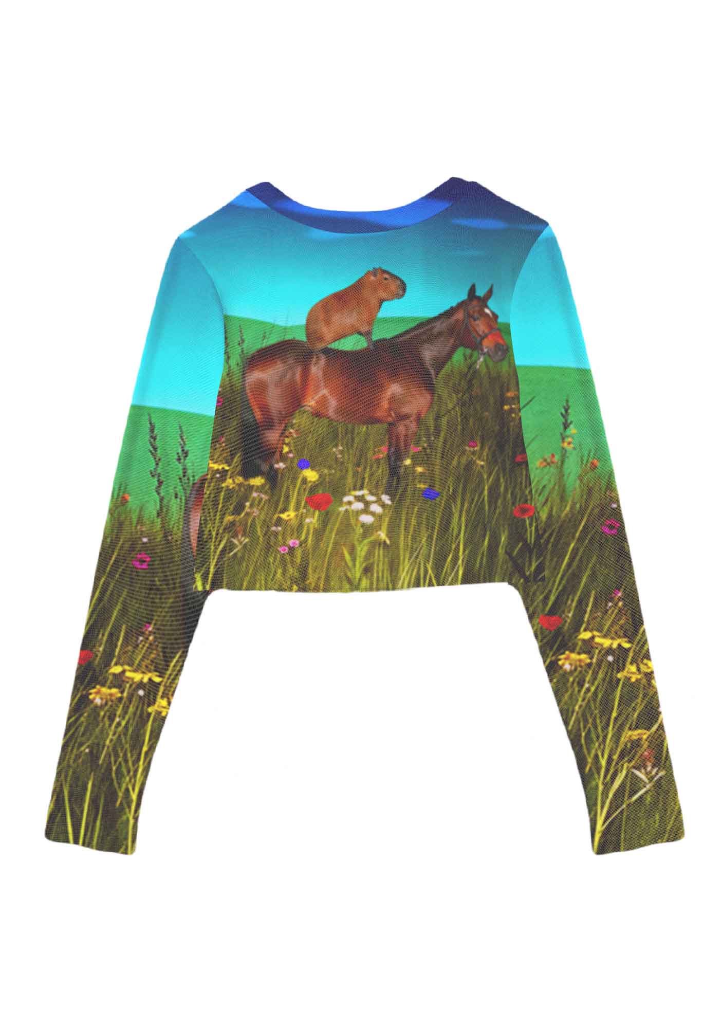 Horseback Capybara Y2K Mesh Long Sleeve Crop Top Cherrykitten