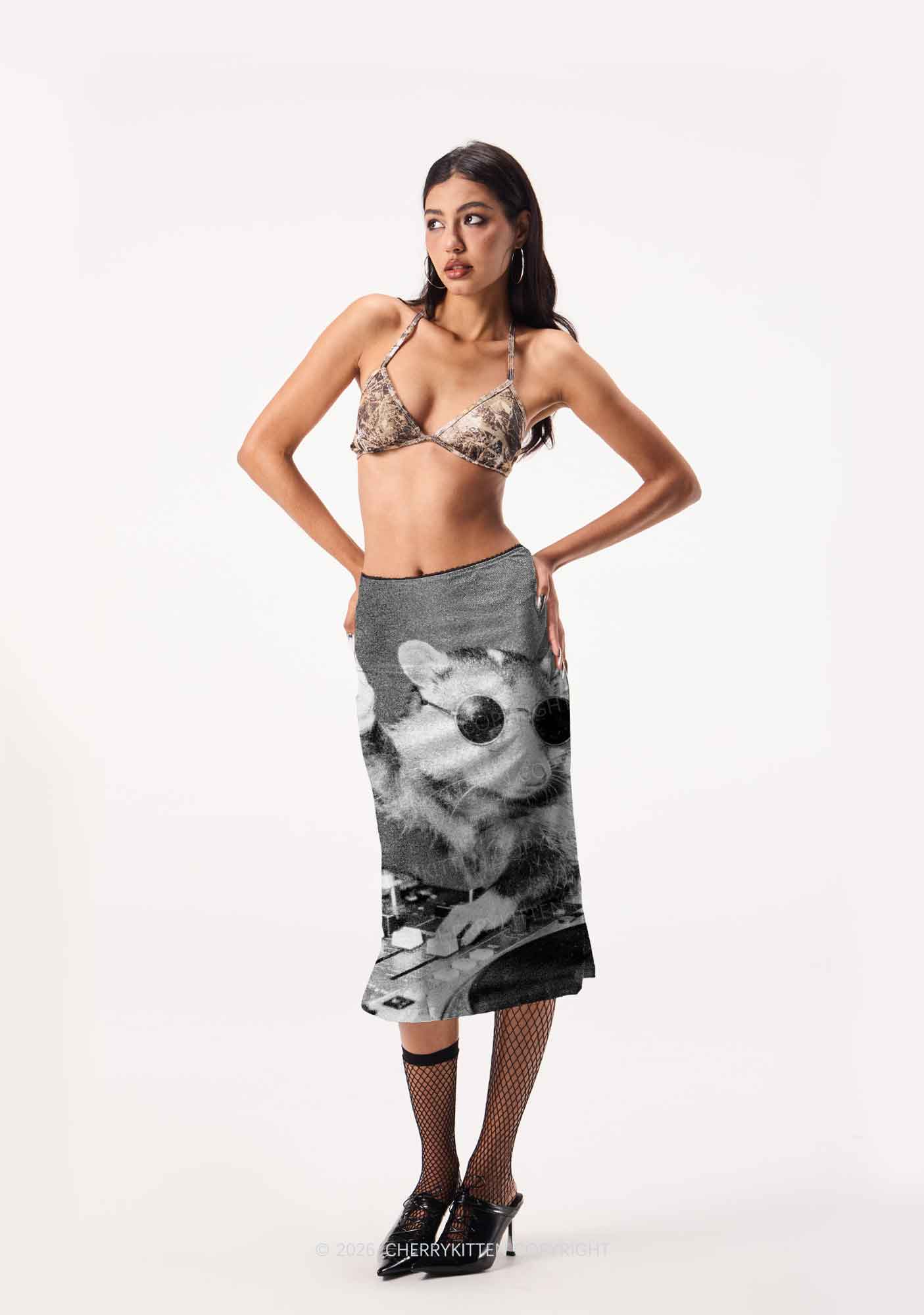 DJ Opossum Rock Y2K Print Midi Skirt Cherrykitten