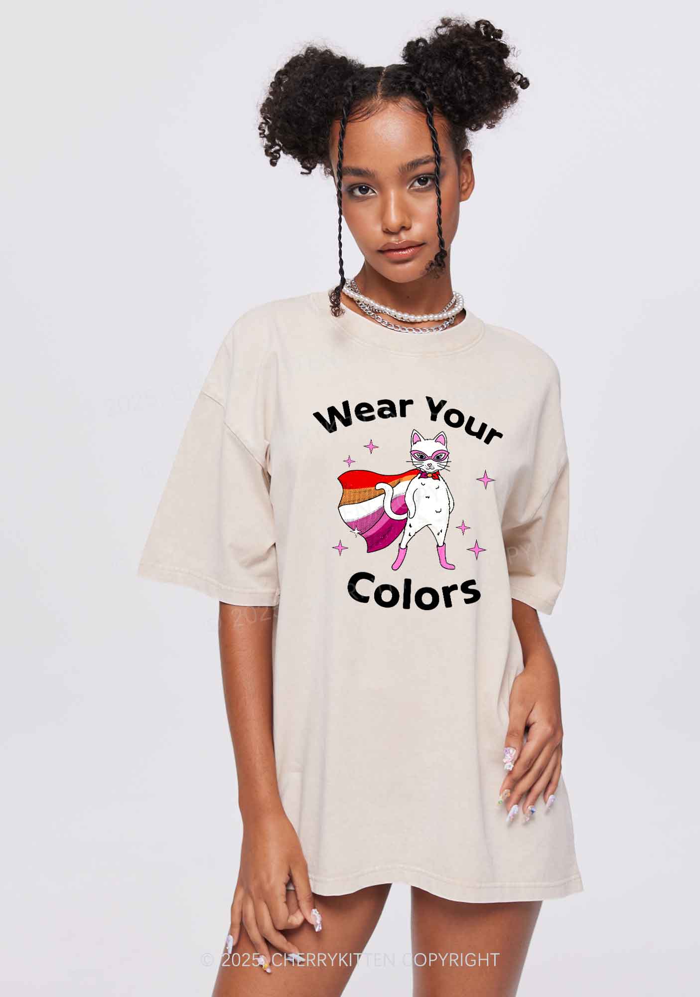 Lesbian Flag Cat Pride Y2K Shirts Washed Tee Cherrykitten