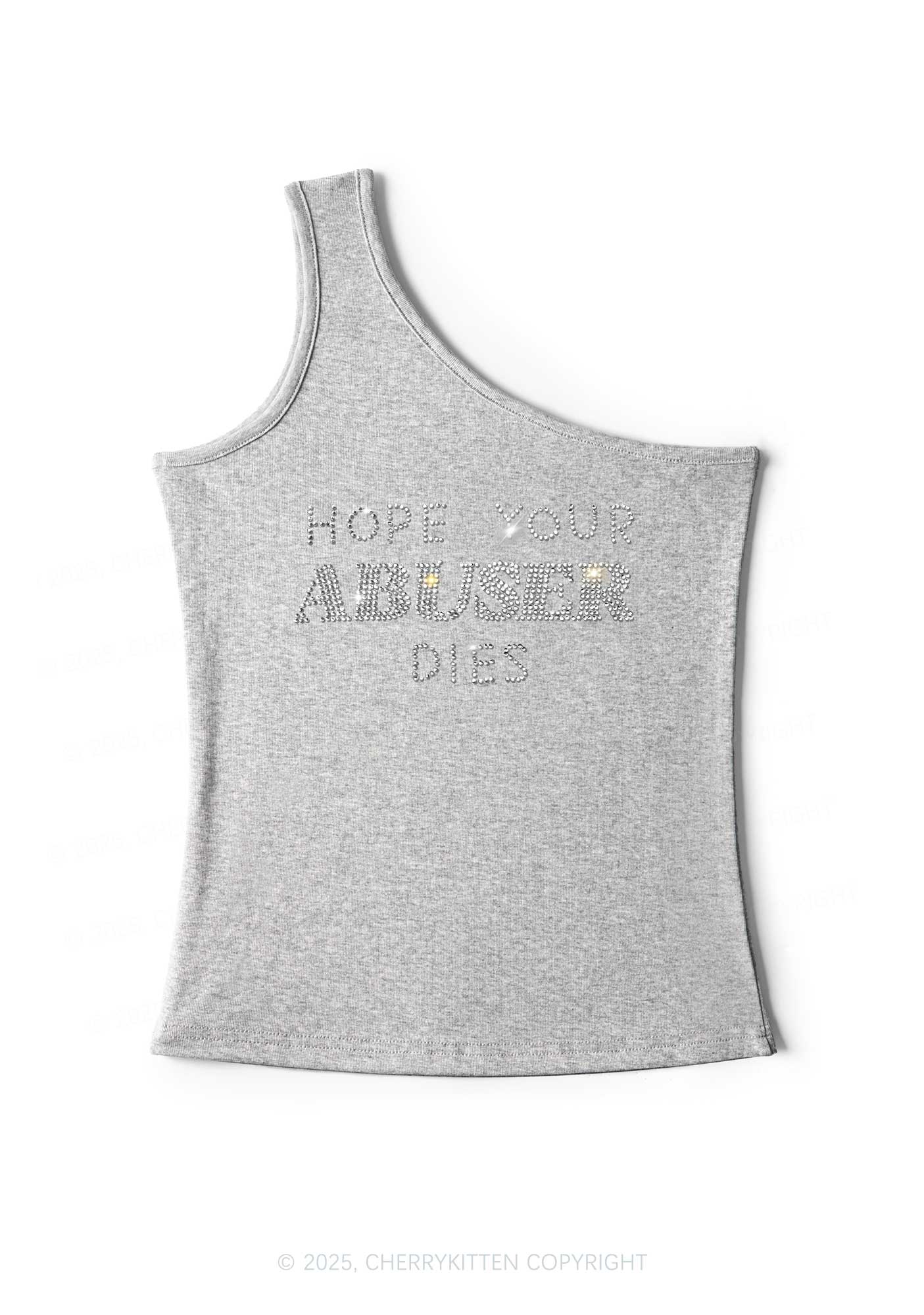 Rhinestone Abuser Dies Y2K One Shoulder Tank Top Cherrykitten