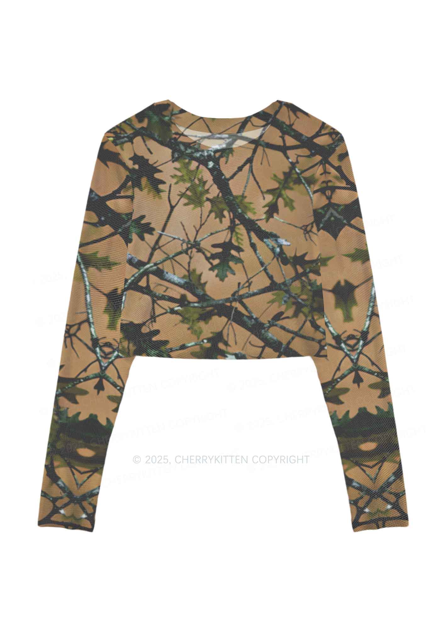 Branches Camouflage Y2K Mesh Long Sleeve Crop Top Cherrykitten