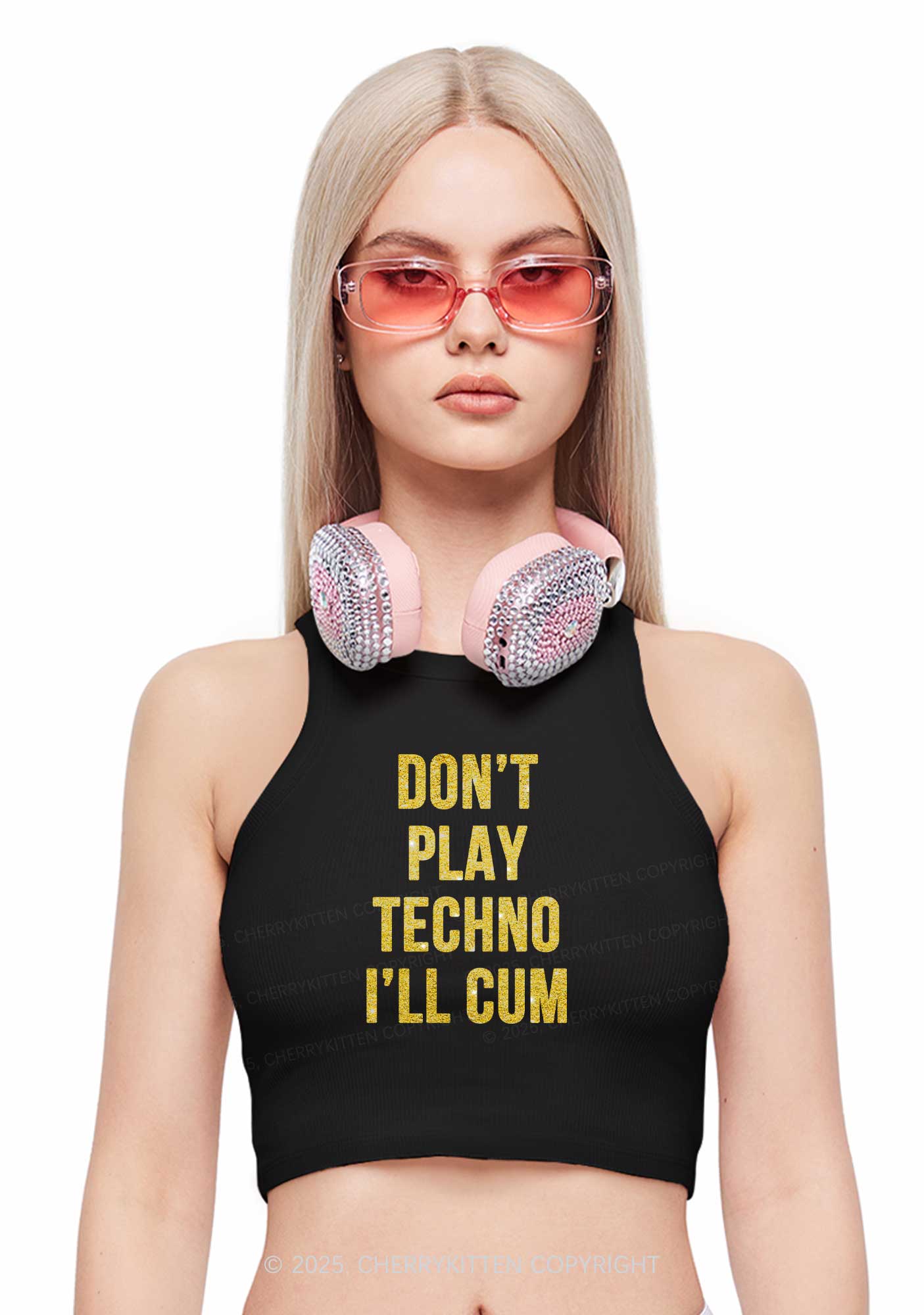 Glitter Dont Play Techno Y2K Crop Tank Top Cherrykitten