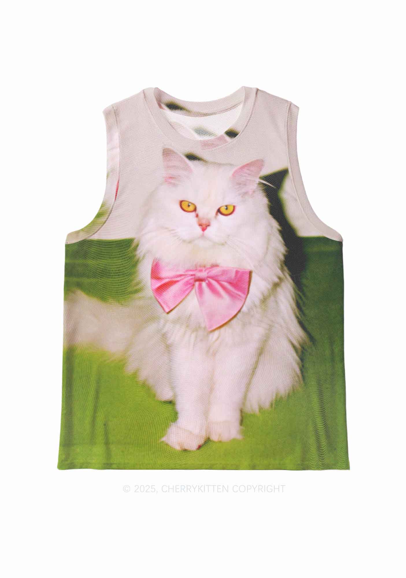 Pink Bow Cat Y2K Mesh Muscle Tank Cherrykitten