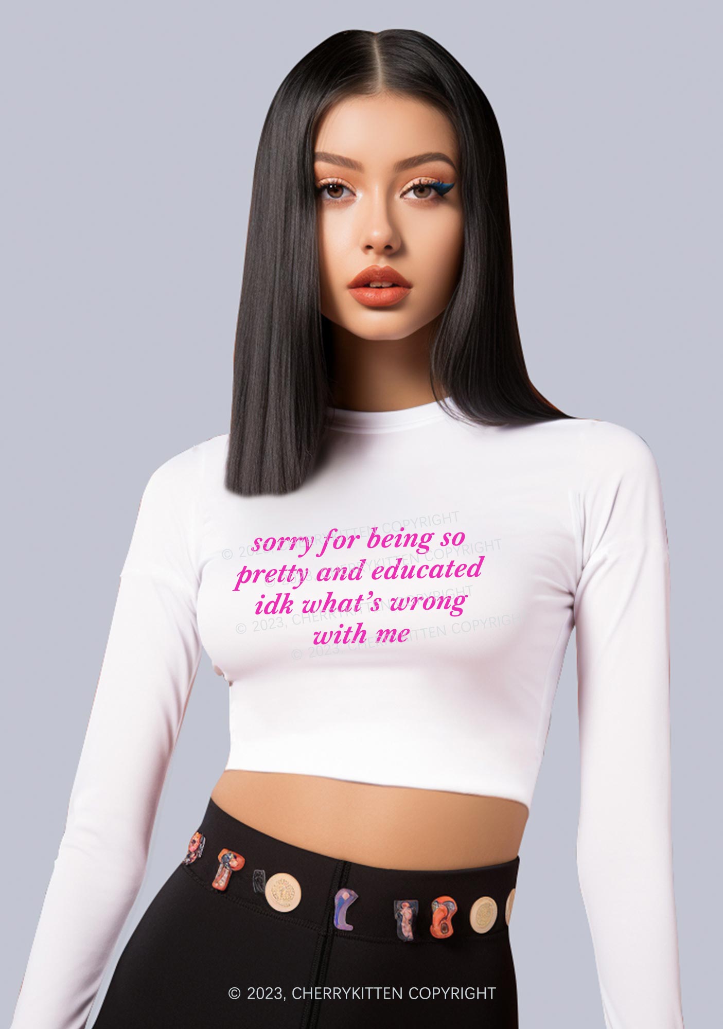 Sorry For Being So Pretty And Educated Y2K Long Sleeve Crop Top Cherrykitten