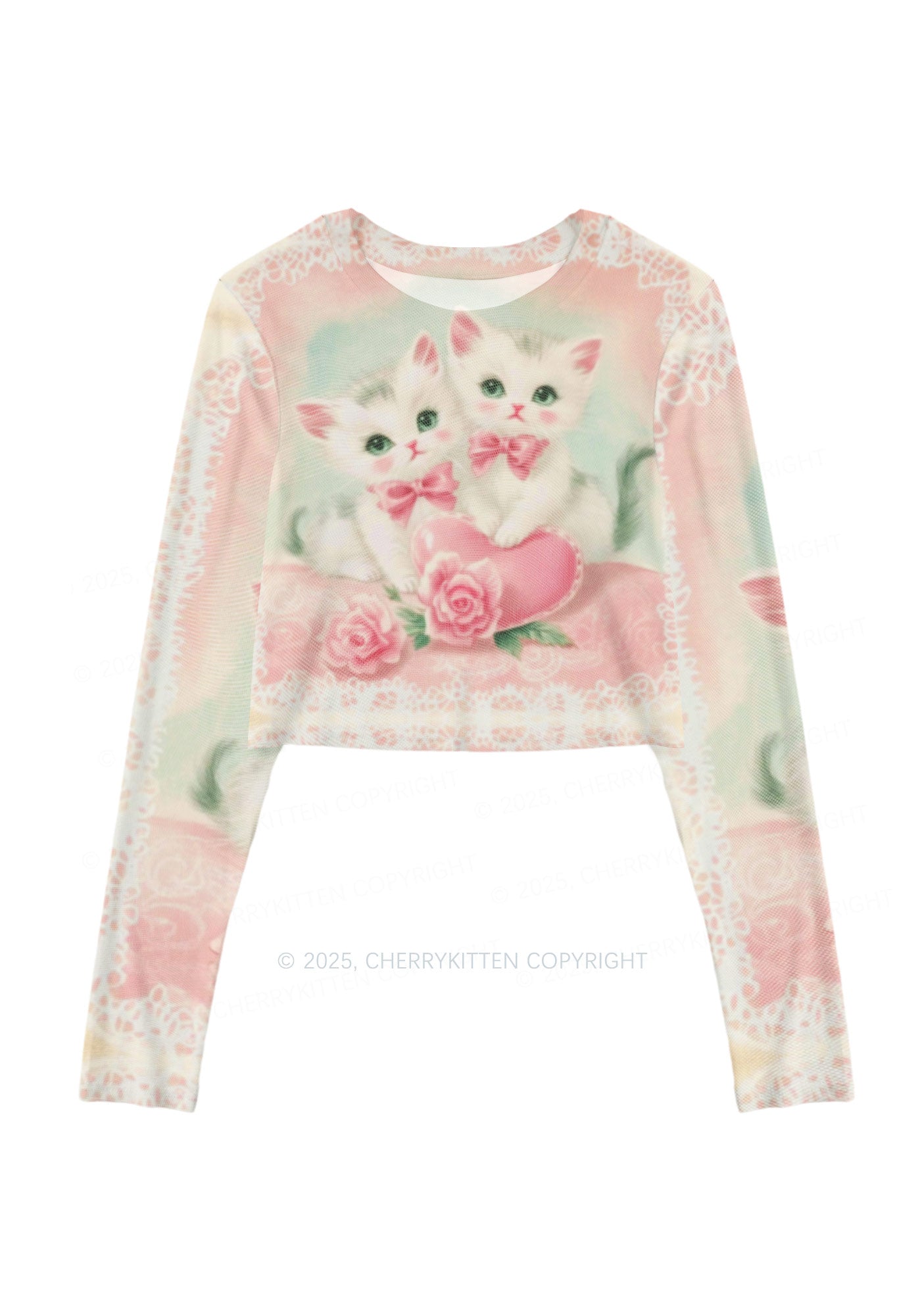 Rose Kitties Y2K Mesh Long Sleeve Crop Top Cherrykitten