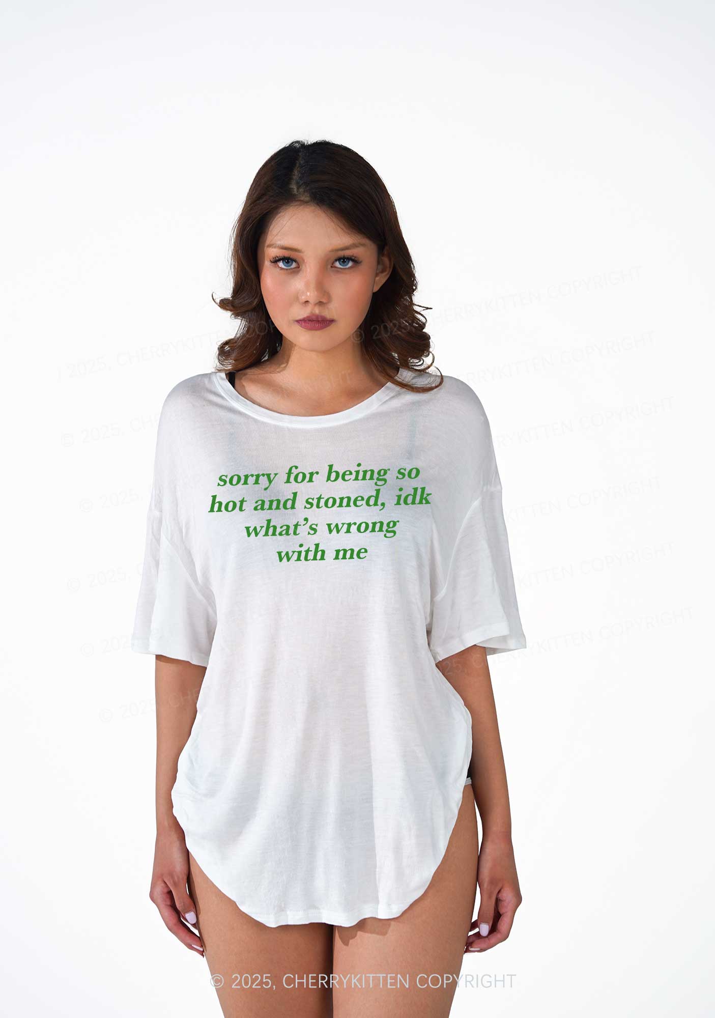 Sorry For Being Hot And Stoned Y2K Sheer Boyfriend Tee Cherrykitten