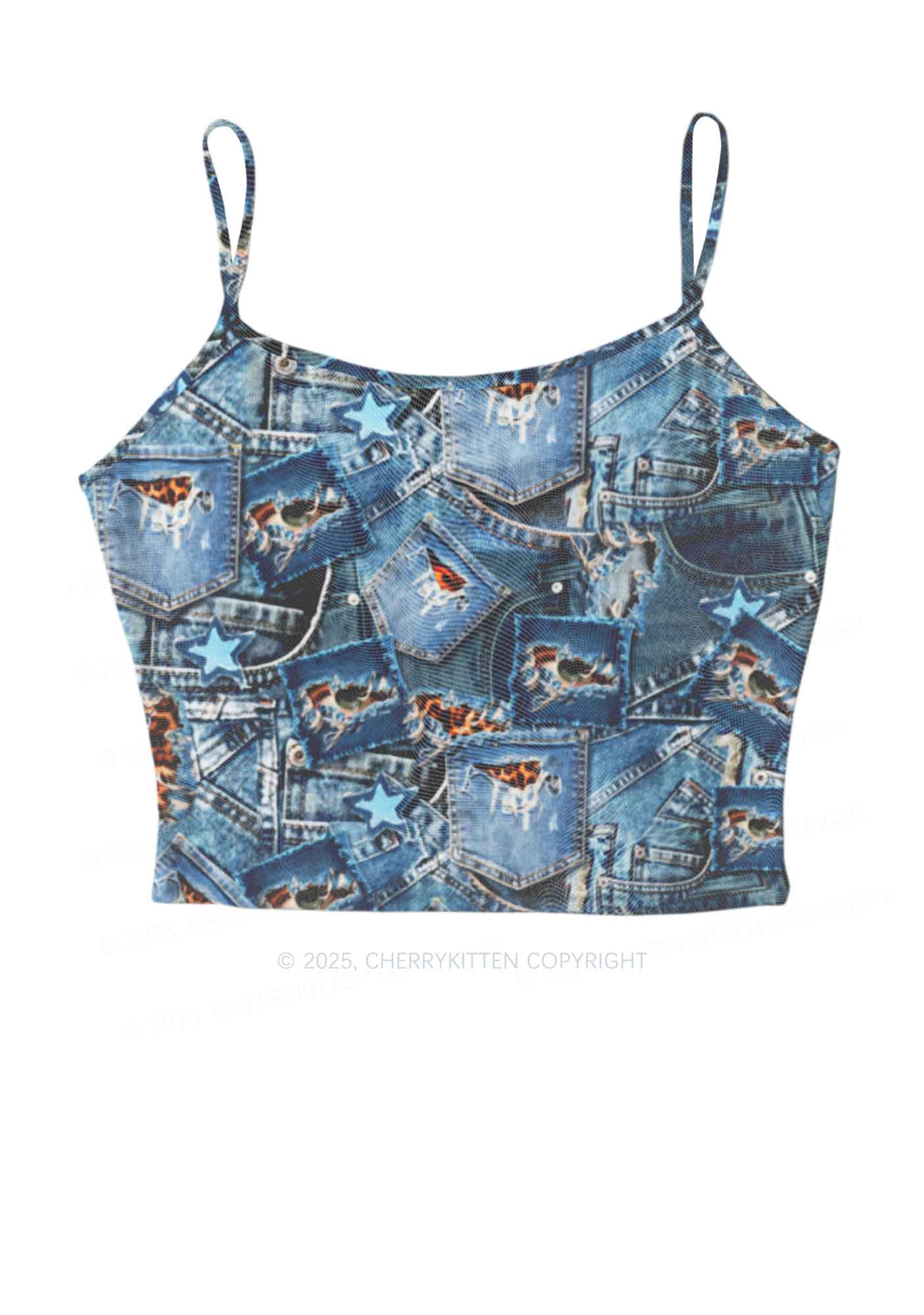 Denim Patchwork Y2K Mesh Cami Tank Cherrykitten