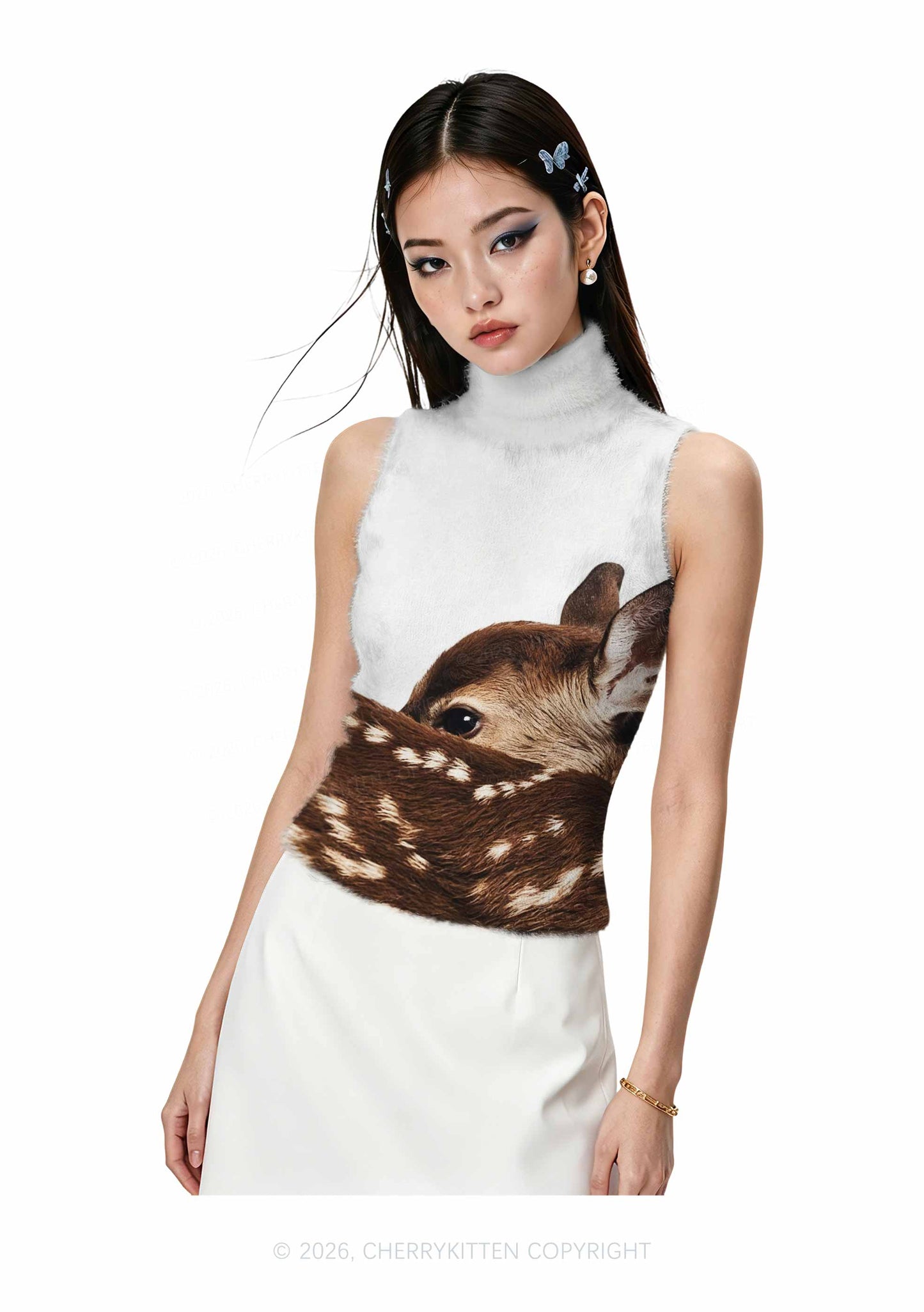 Spotted Fawn Deer Y2K Knit Turtleneck Tank Top Cherrykitten