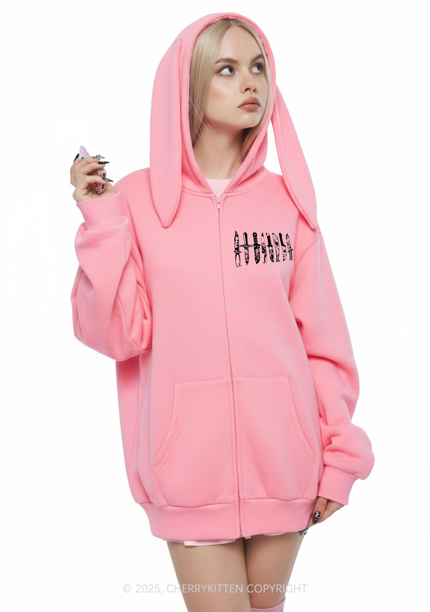 Halloween Grimace Daggers Y2K Bunny Ear Zip Hoodie Cherrykitten