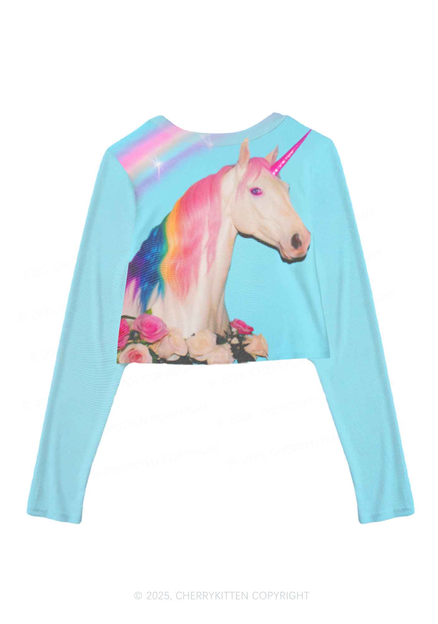 Colorful Unicorn Y2K Mesh Long Sleeve Crop Top Cherrykitten