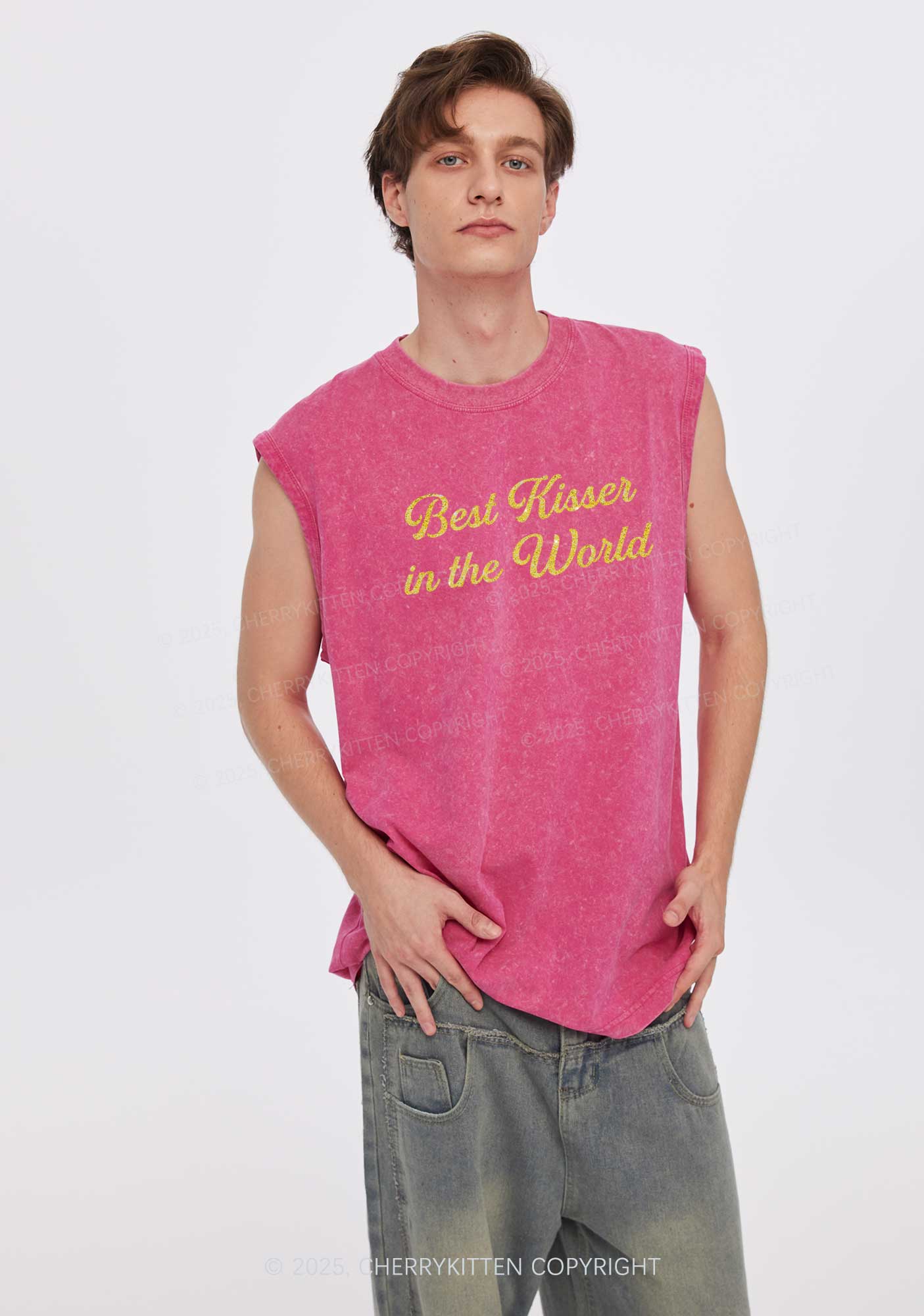 Glitter Best Kisser In The World Y2K Washed Muscle Tank Cherrykitten