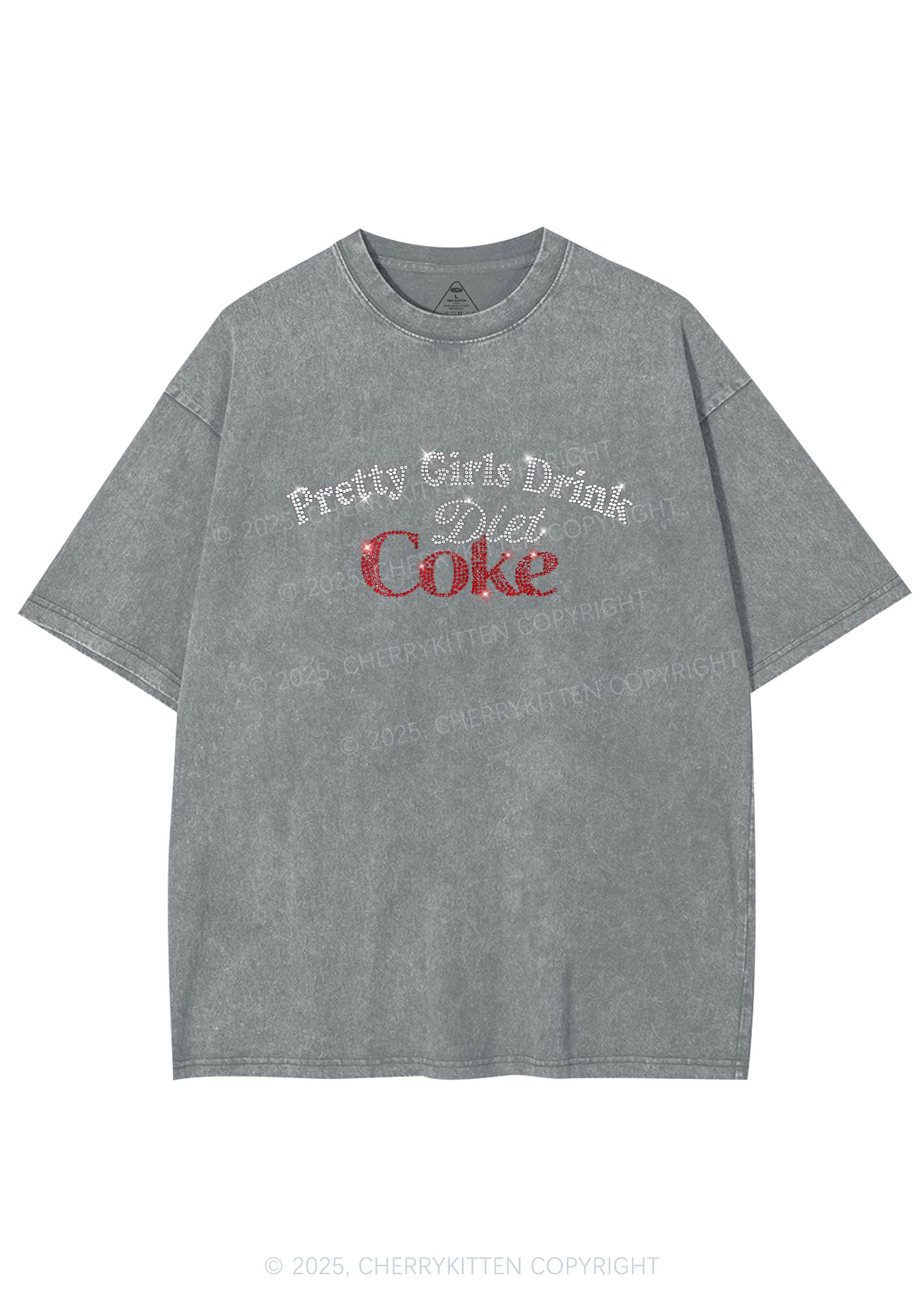 Rhinestone Pretty Girls Drink Diet Coke Y2K Shirts Washed Tee Cherrykitten