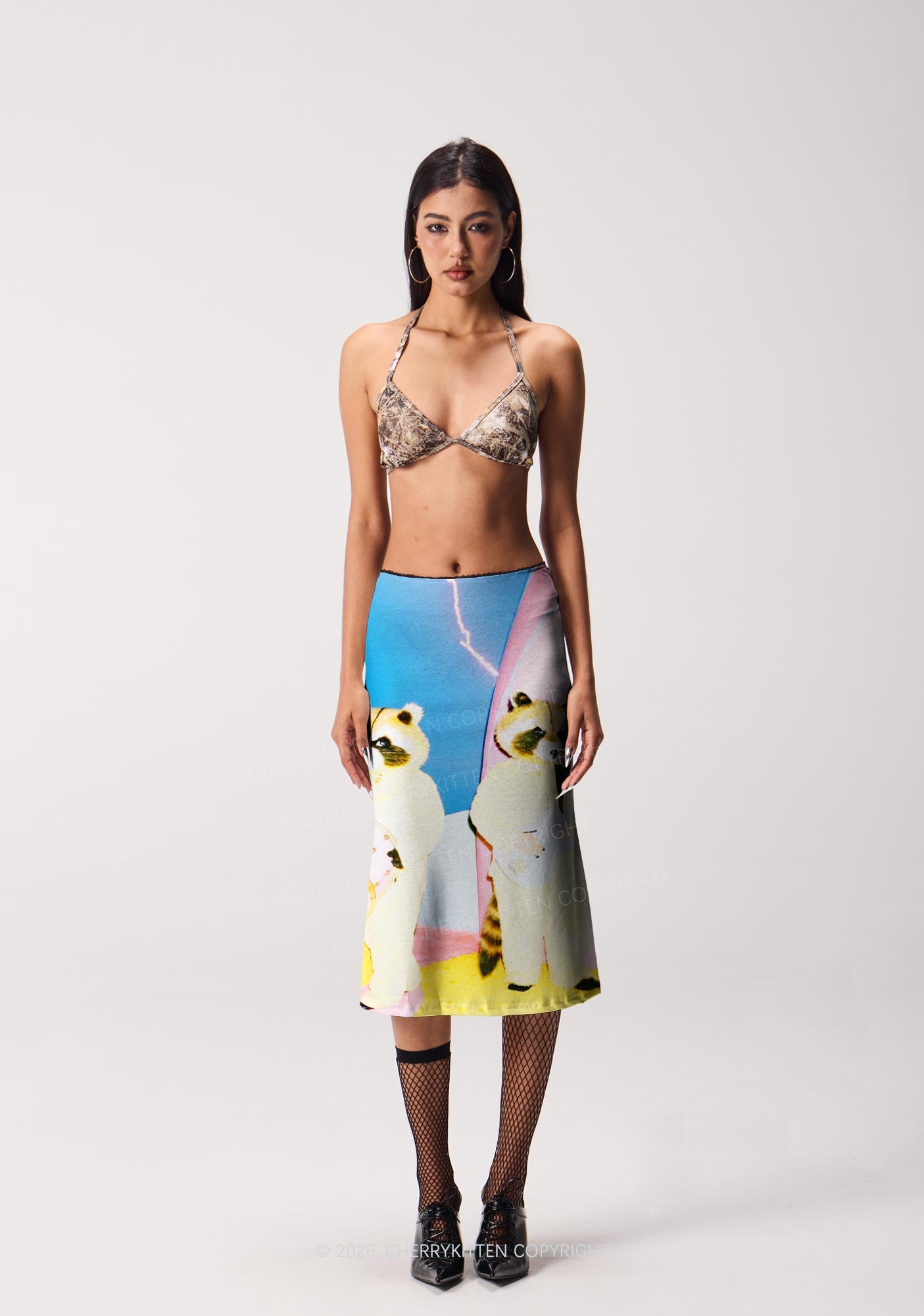 Raccoon Band Y2K Print Midi Skirt Cherrykitten