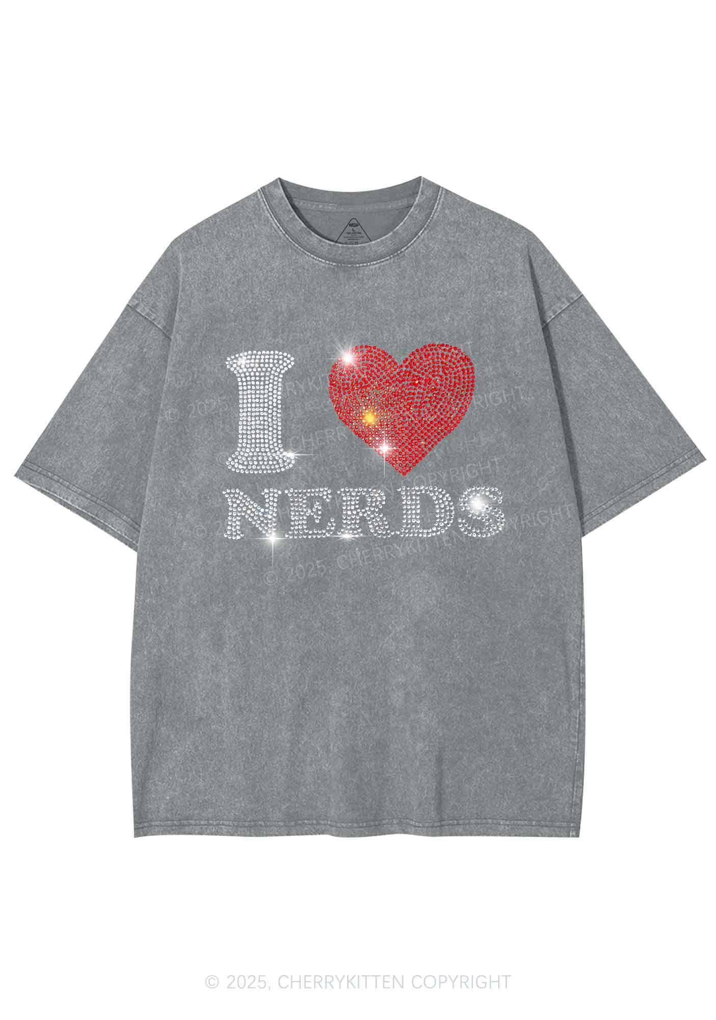 Rhinestone I Love Nerds Y2K Shirts Washed Tee Cherrykitten