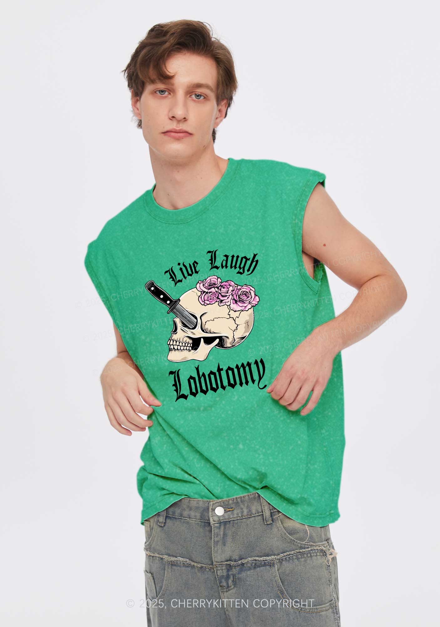 Live Laugh Lobotomy Skull Y2K Washed Muscle Tank Cherrykitten