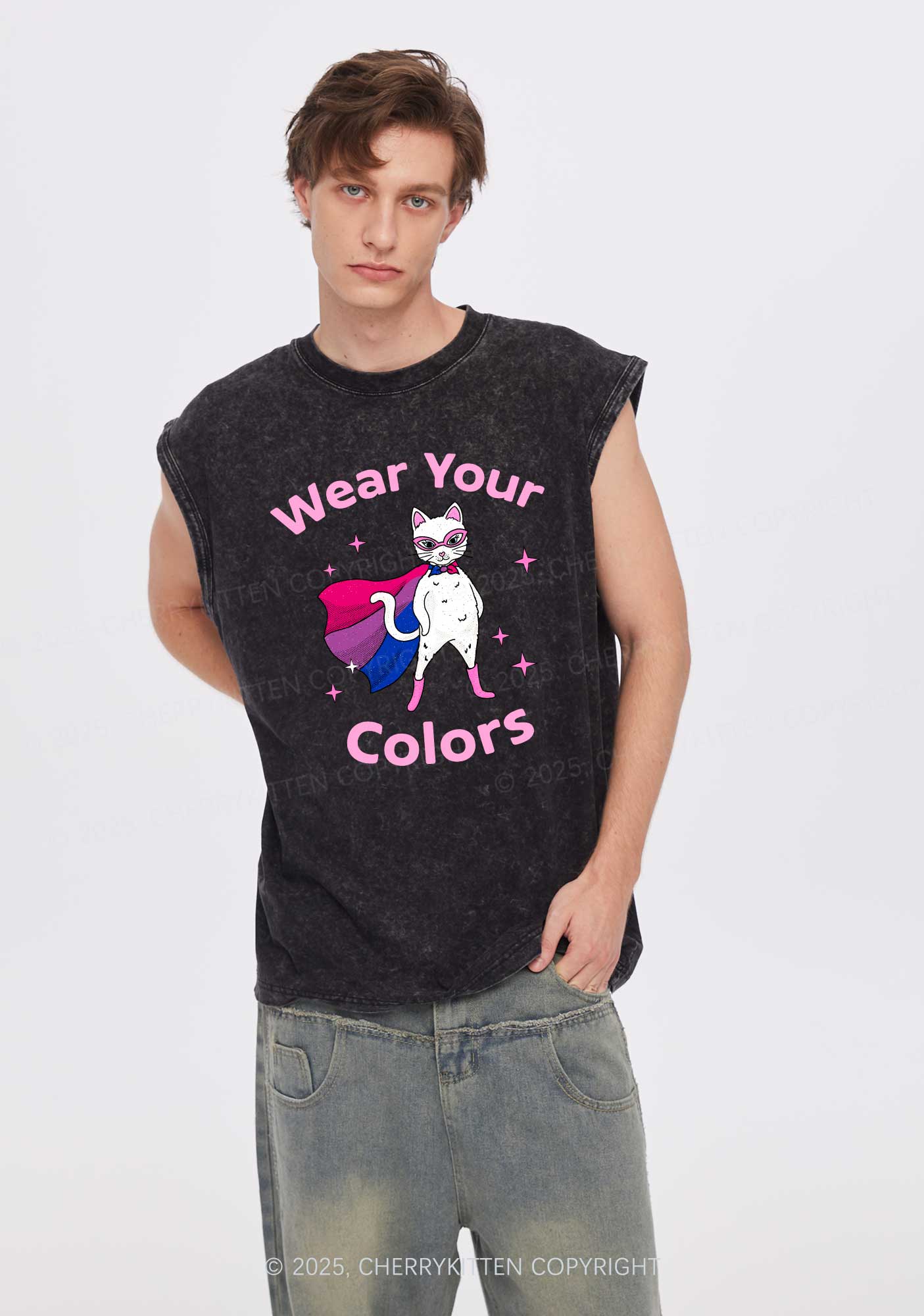 Bisexual Flag Cat Pride Y2K Washed Muscle Tank Cherrykitten