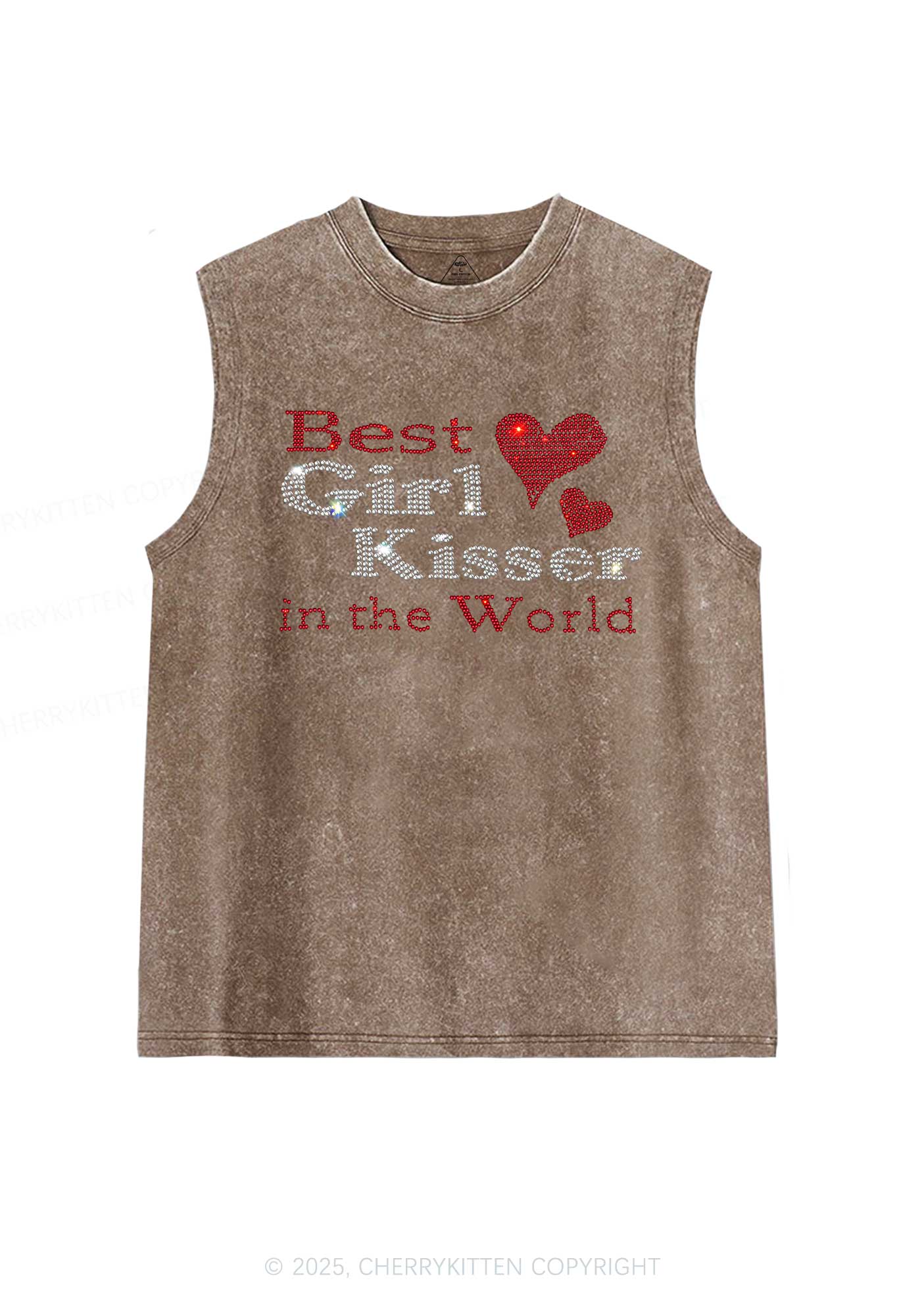 Rhinestone Best Girl Kisser Pride Y2K Washed Muscle Tank Cherrykitten