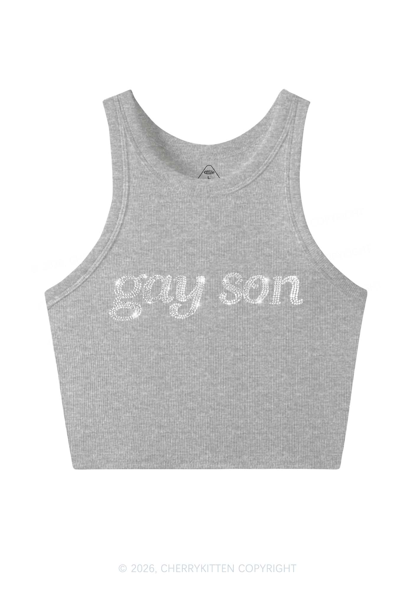 Rhinestone Gay Son Pride Y2K Crop Tank Top Cherrykitten