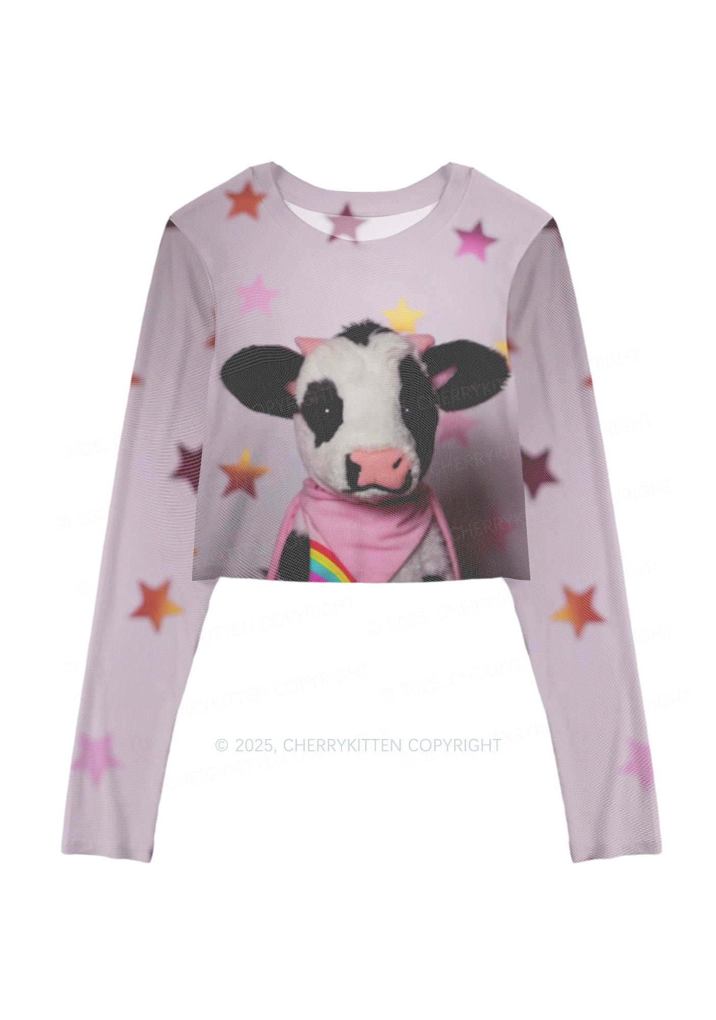Cow Magic Stars Y2K Mesh Long Sleeve Crop Top Cherrykitten