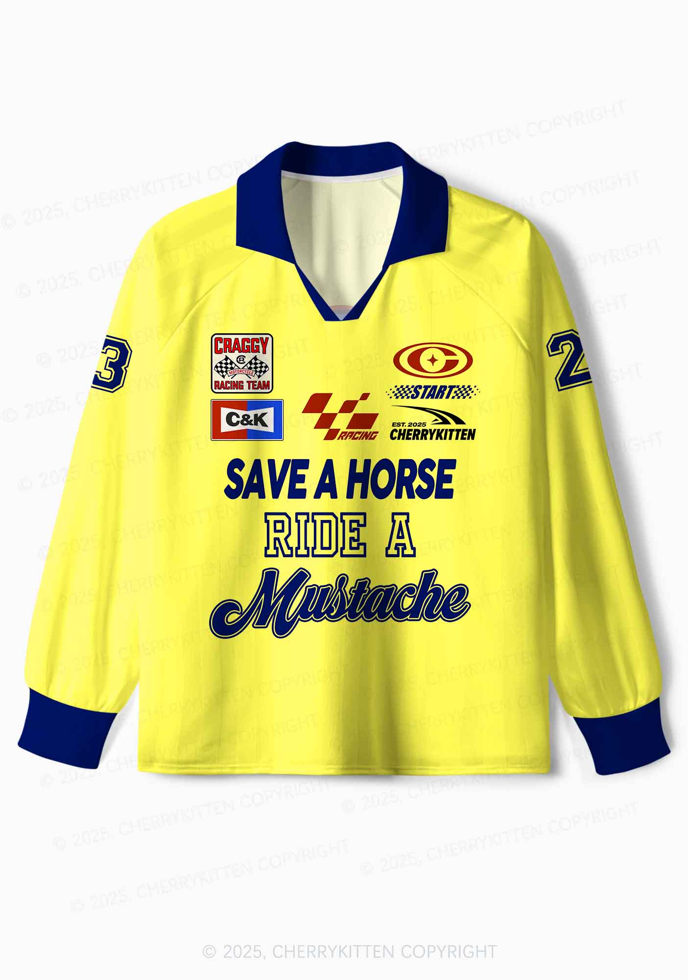 Custom Yellow Ride A Mustache Y2K Sport Long Sleeve Jersey Shirts Cherrykitten