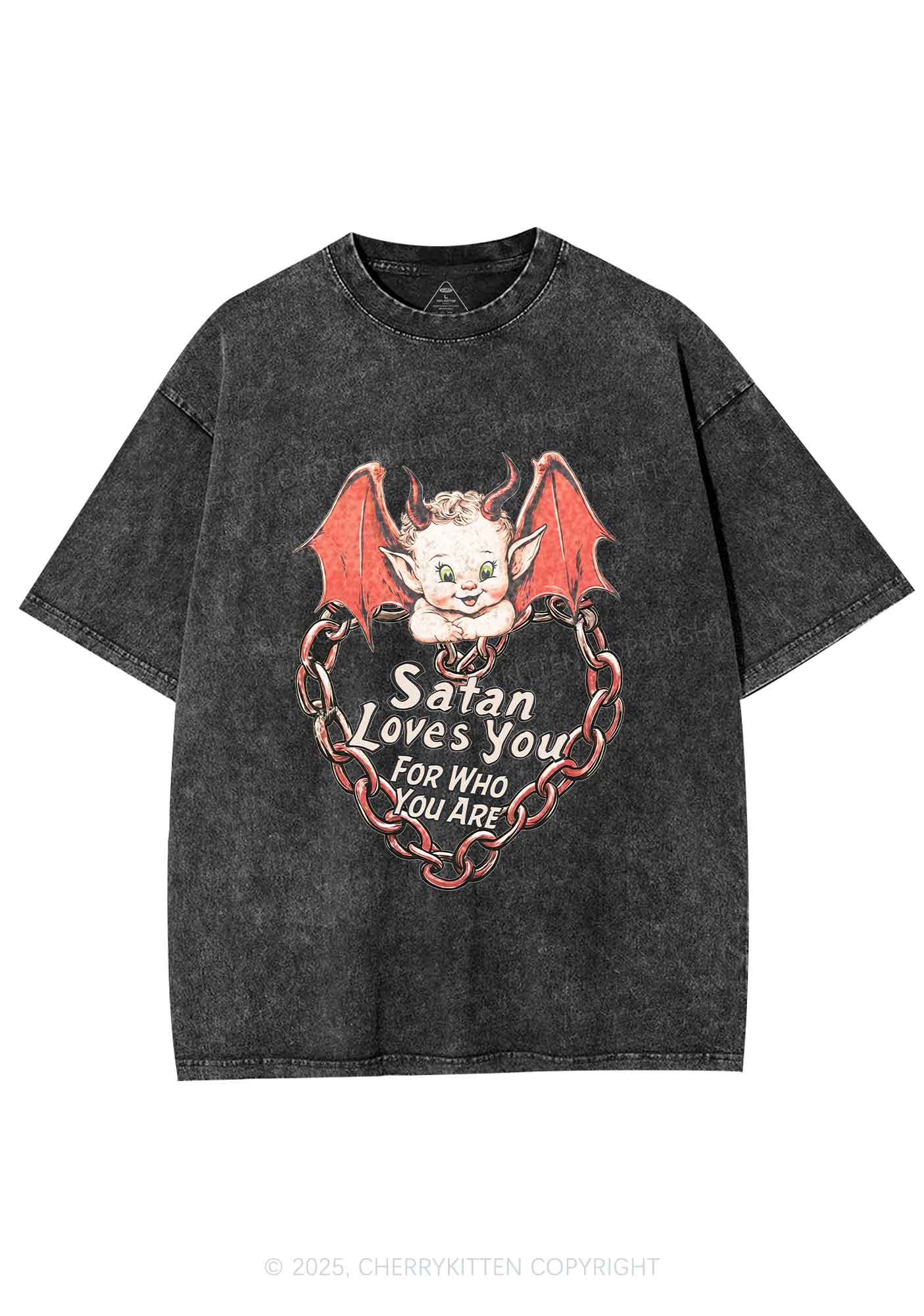 Satan Loves You Y2K Shirts Washed Tee Cherrykitten
