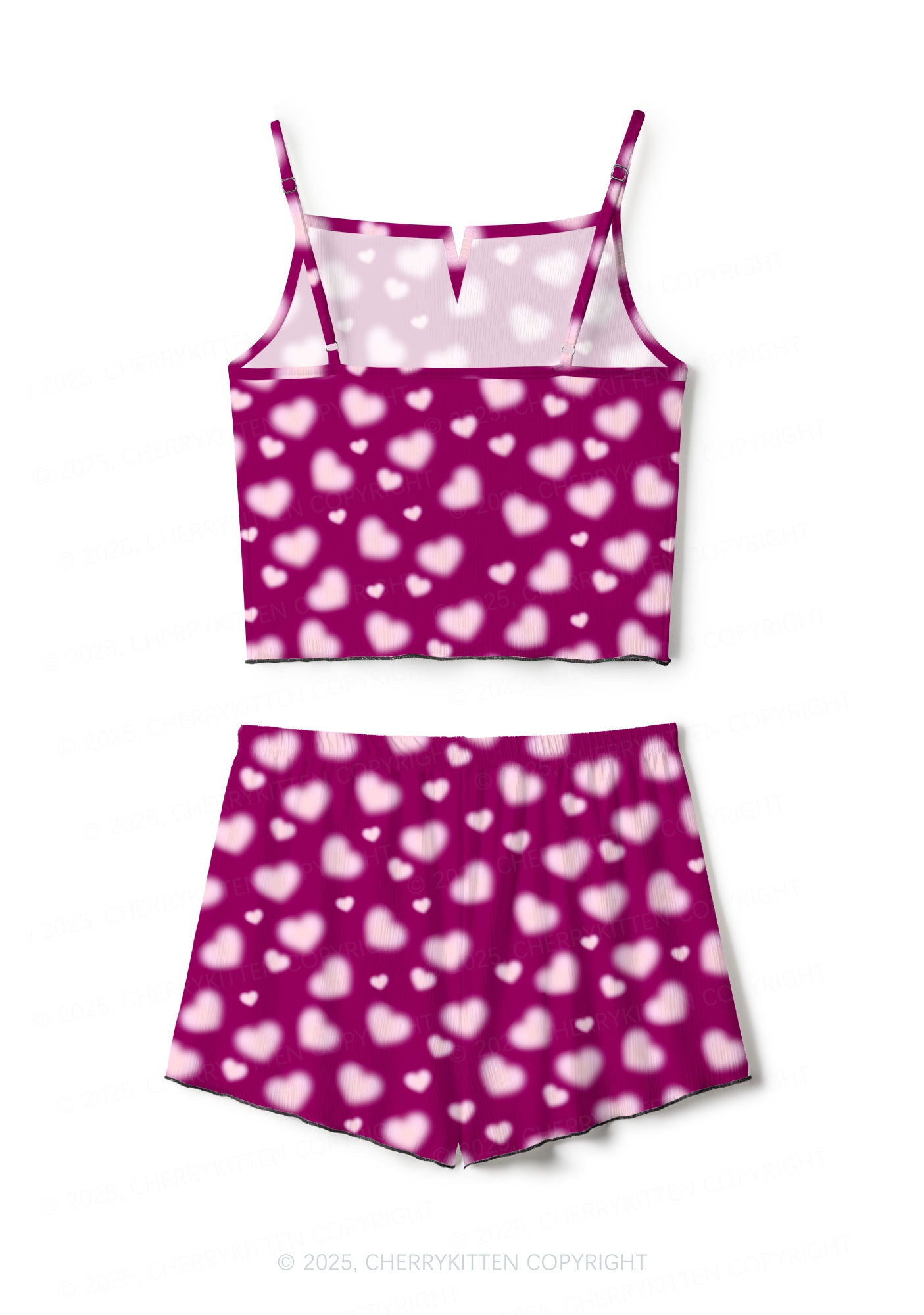 Pink Blurred Heart Valentine's Day Y2K Print Cami Shorts Pajama Set Cherrykitten