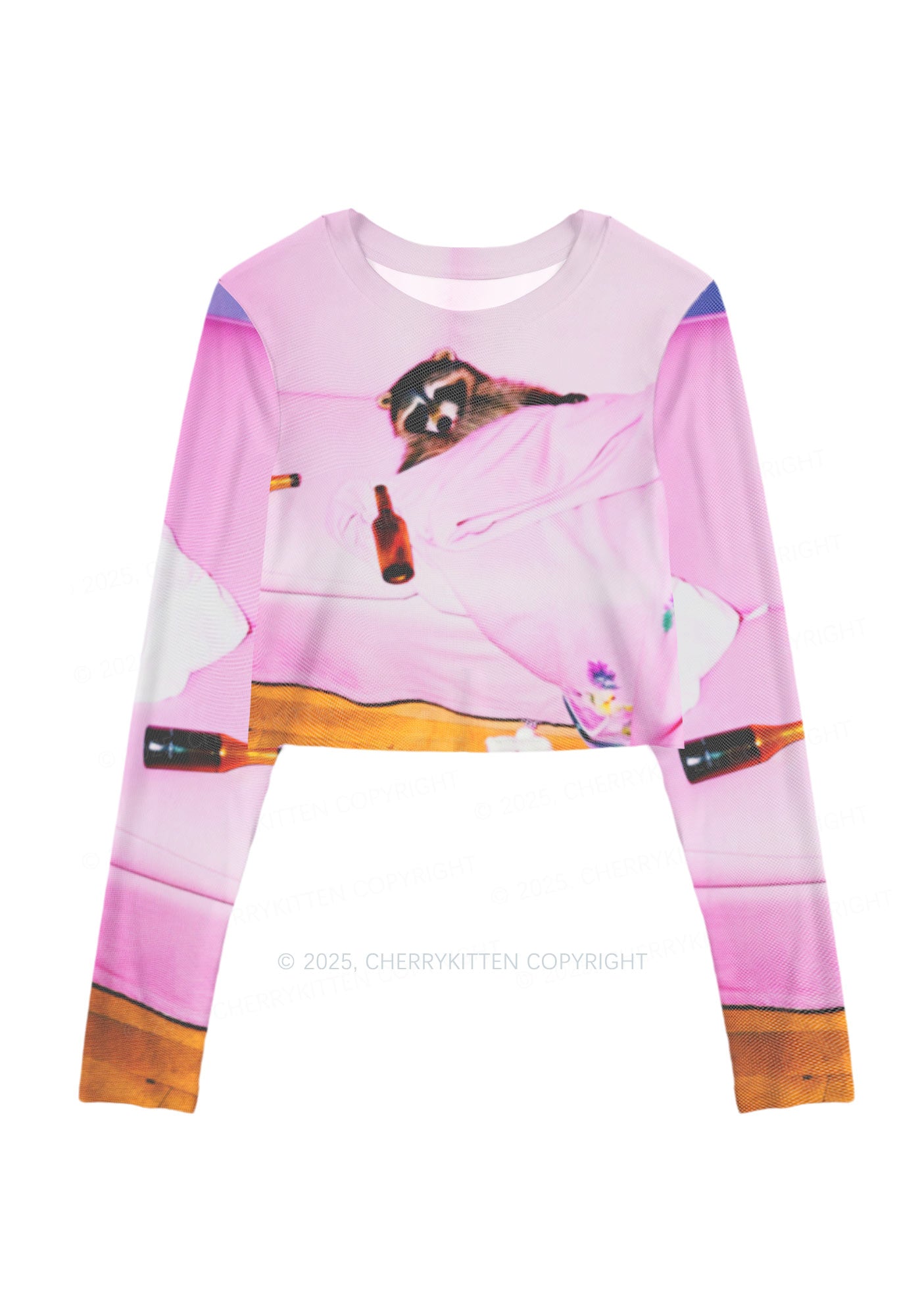 Pink Couch Raccoon Y2K Mesh Long Sleeve Crop Top Cherrykitten