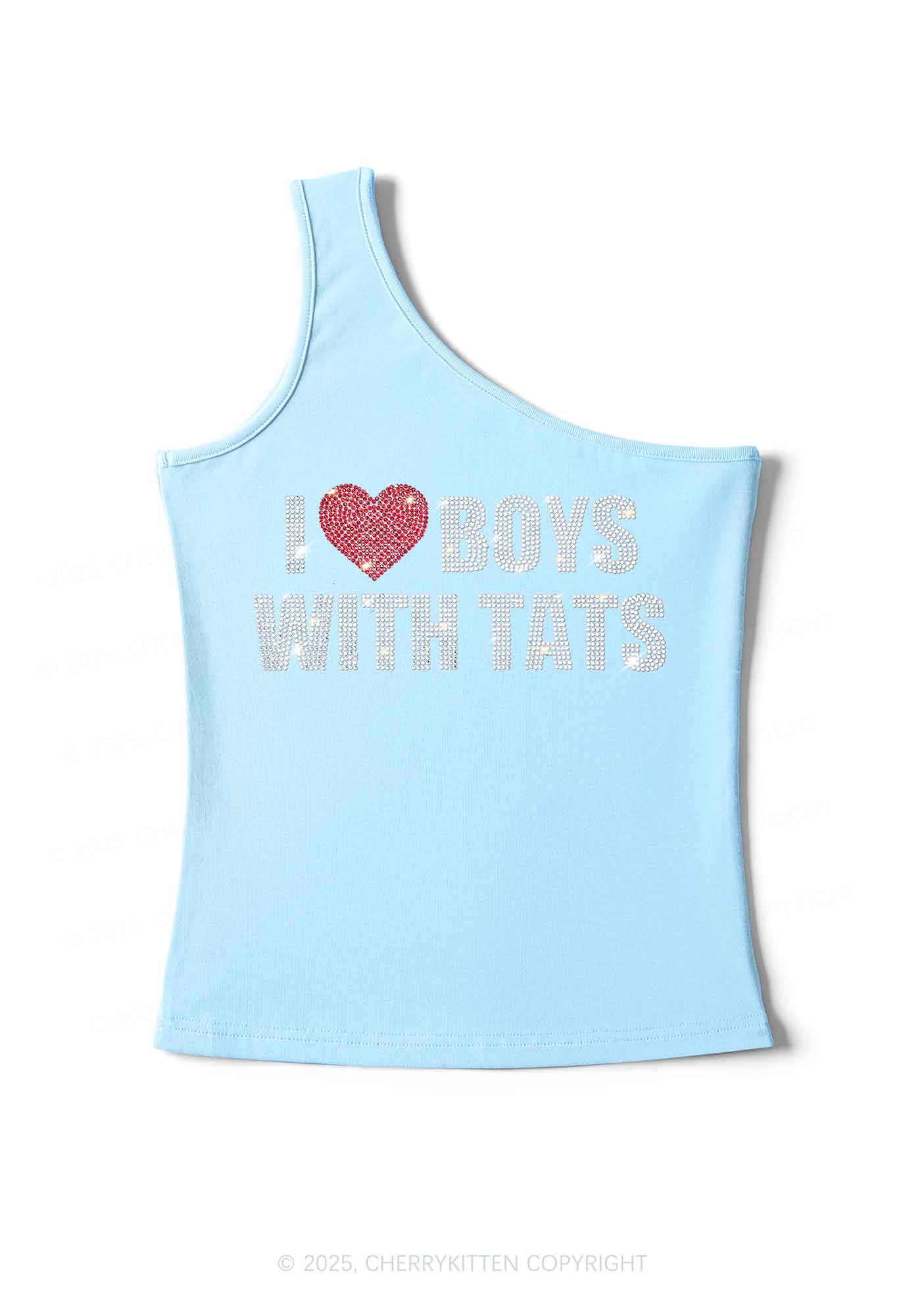 Rhinestone I Love Boys With Tats Y2K One Shoulder Tank Top Cherrykitten