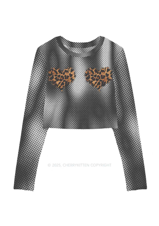 Leopard Hearts Y2K Mesh Long Sleeve Crop Top Cherrykitten