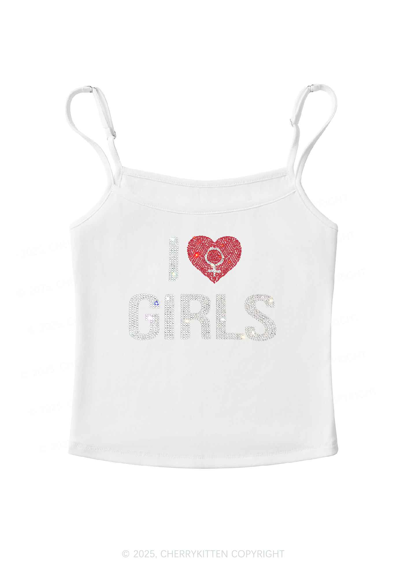 Rhinestone I Love Girls Pride Y2K Spaghetti Strap Cami Cherrykitten