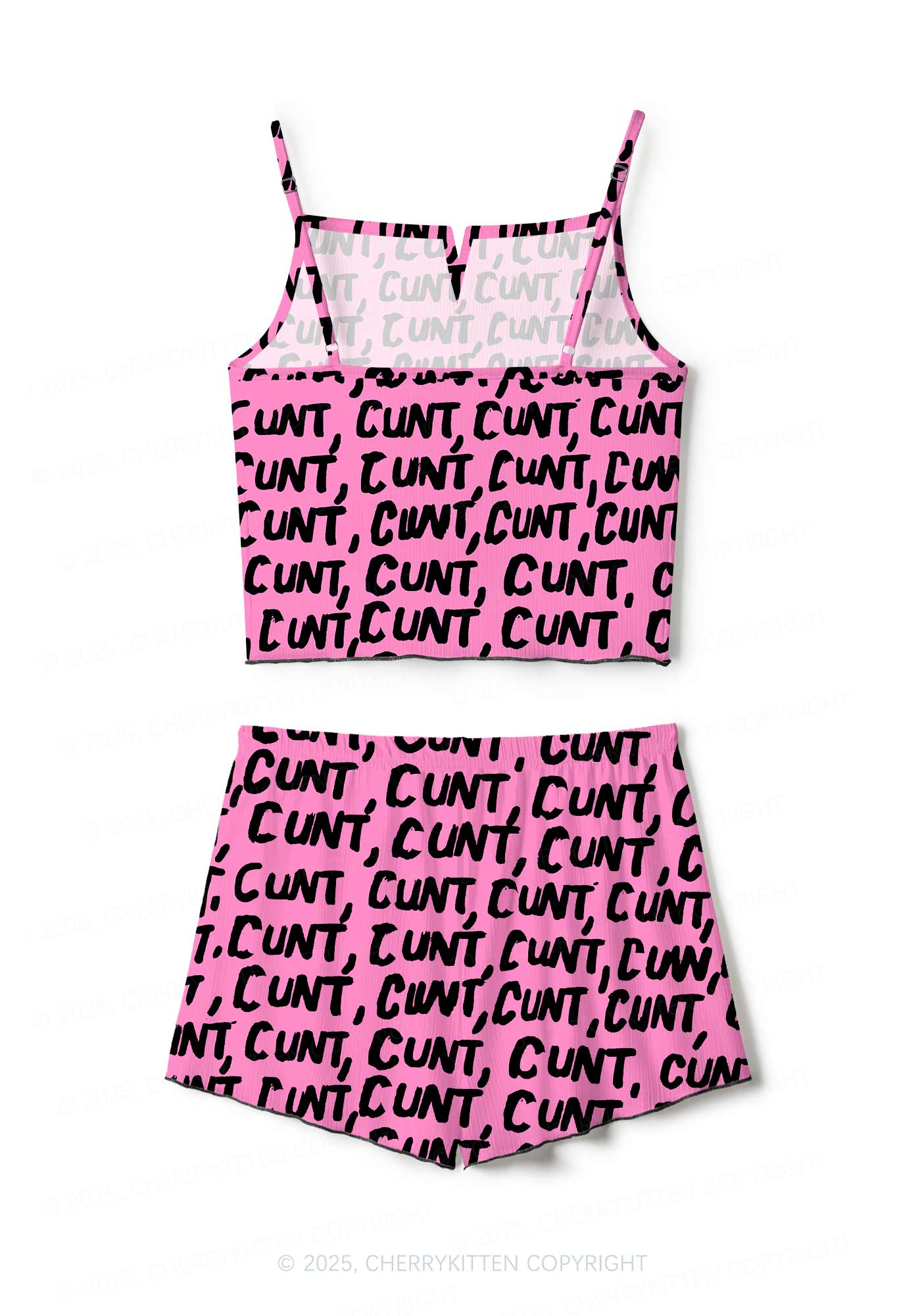Black Cxxt On Pink Valentine's Day Y2K Print Cami Shorts Pajama Set Cherrykitten