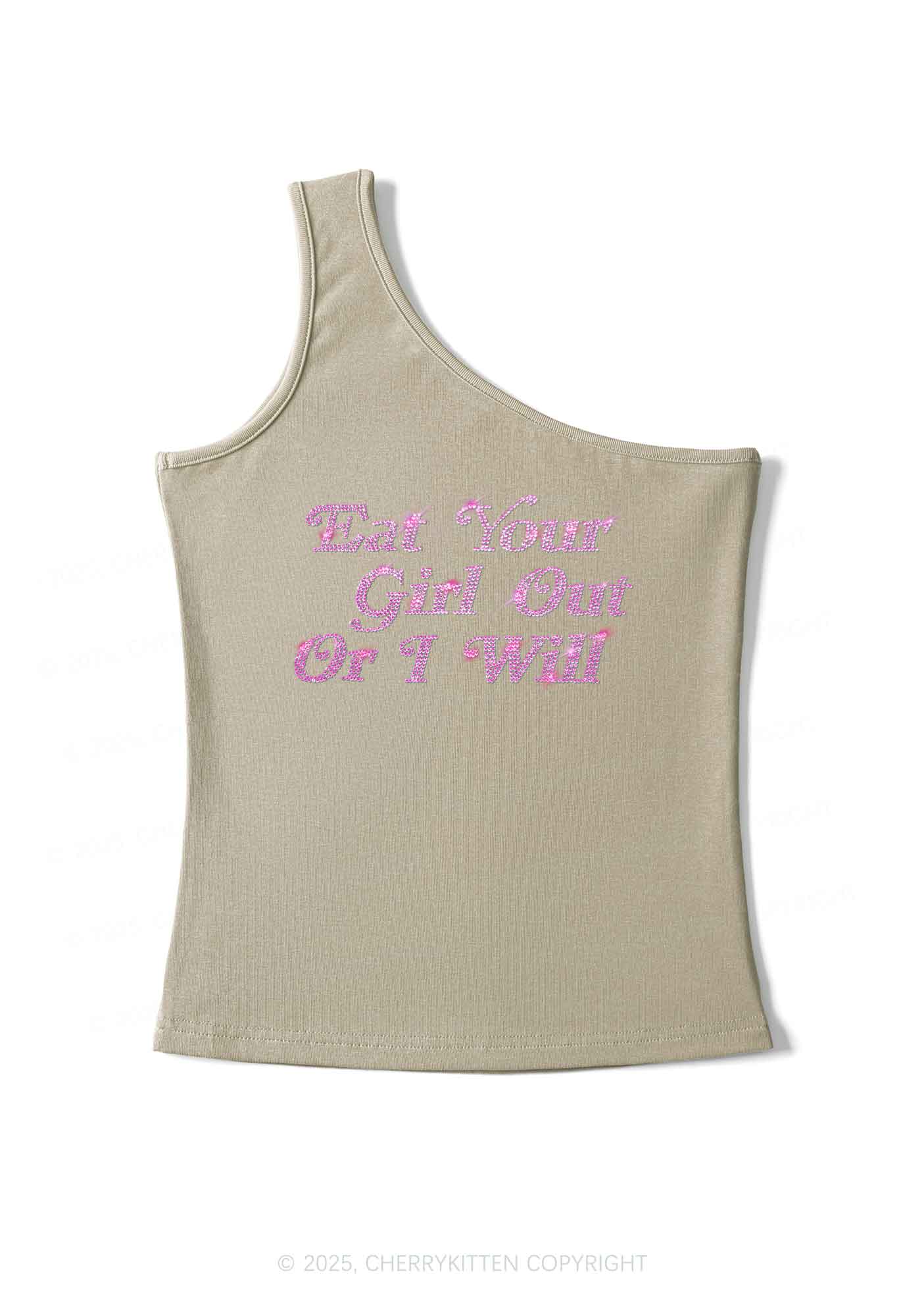 Rhinestone Eat Your Girl Out Y2K One Shoulder Tank Top Cherrykitten