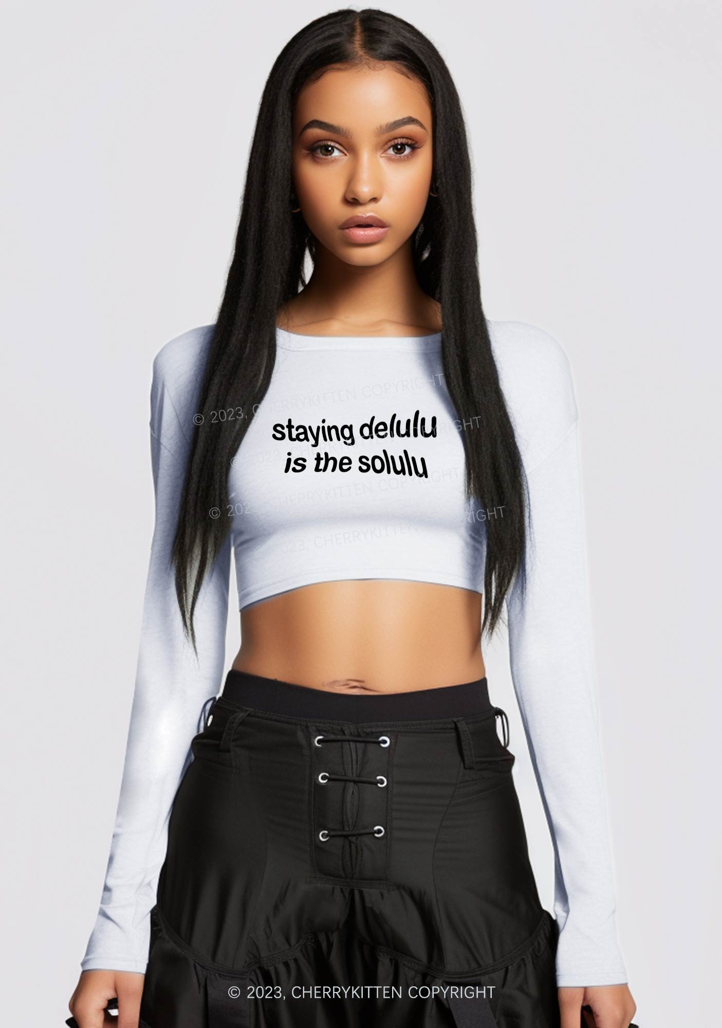 Staying Delulu Solulu Delusional Y2K Long Sleeve Crop Top Cherrykitten