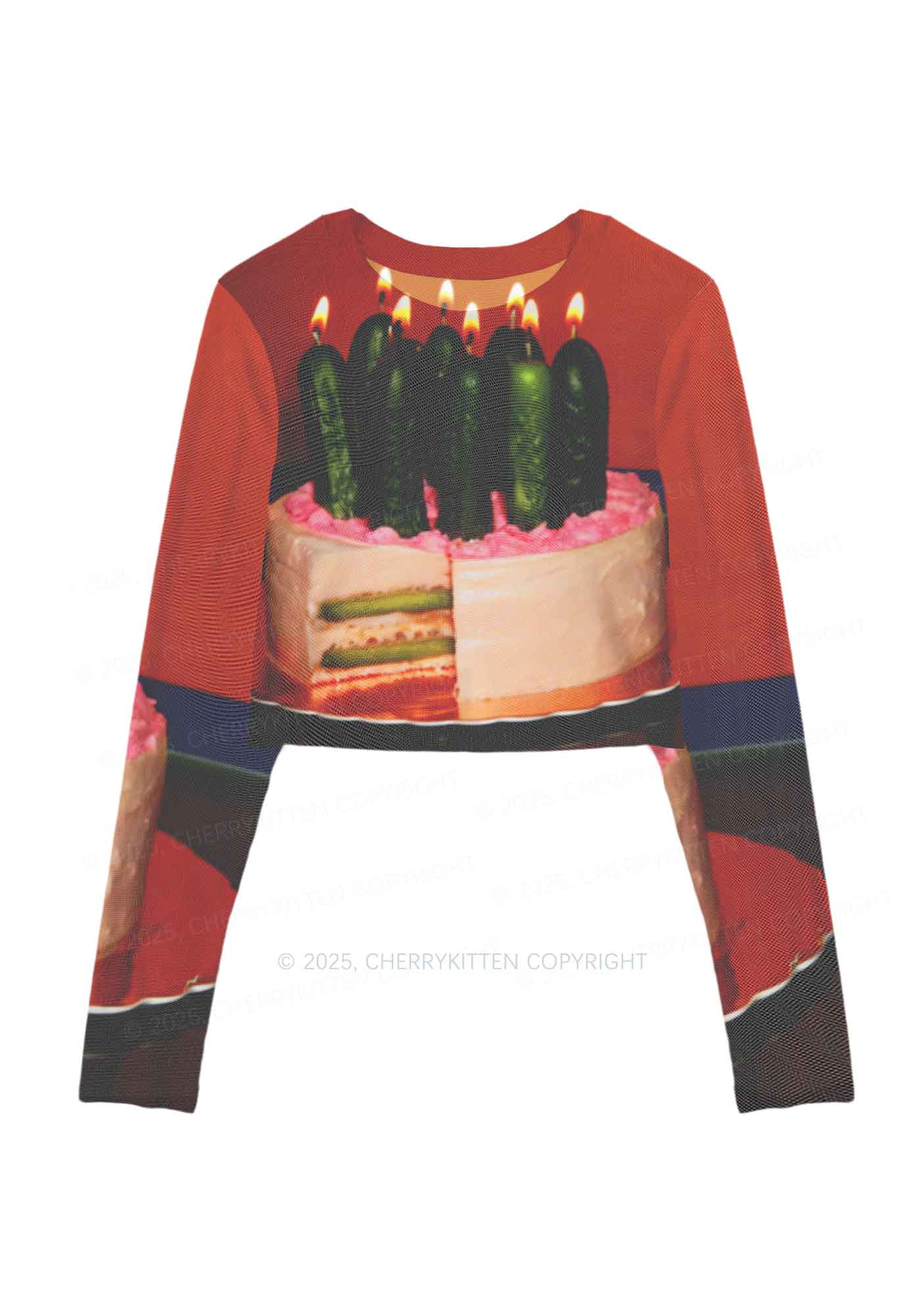 Pickle Cake Y2K Mesh Long Sleeve Crop Top Cherrykitten