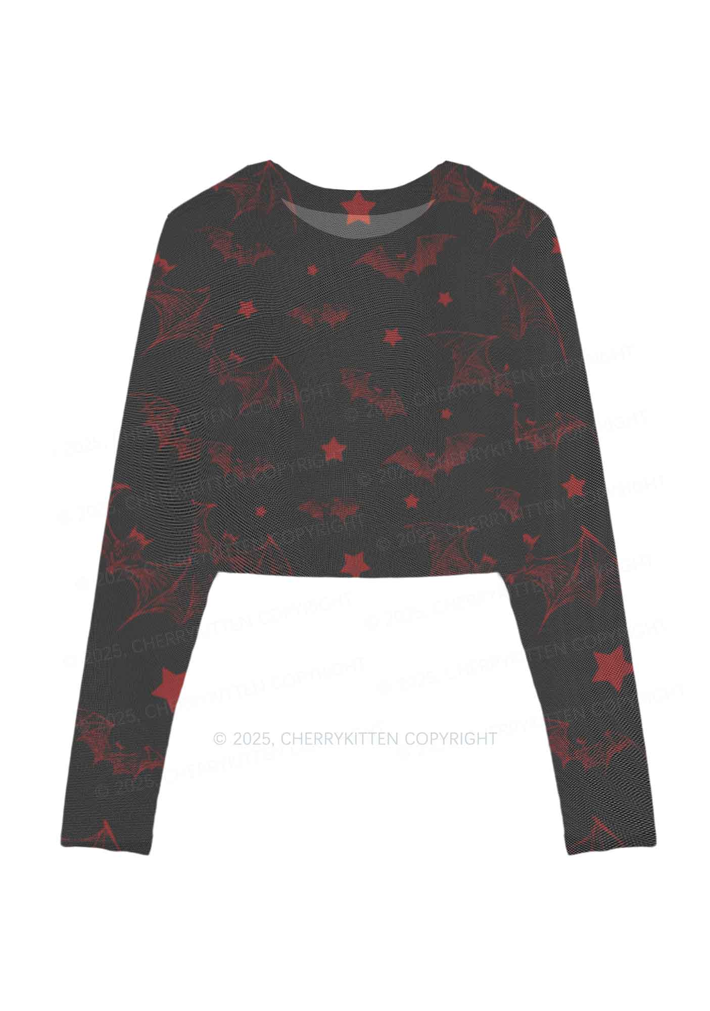 Bat And Star Y2K Mesh Long Sleeve Crop Top Cherrykitten