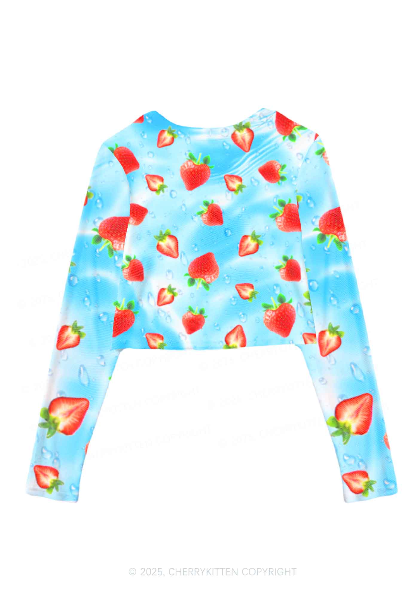 Blue Strawberry Y2K Mesh Long Sleeve Crop Top Cherrykitten