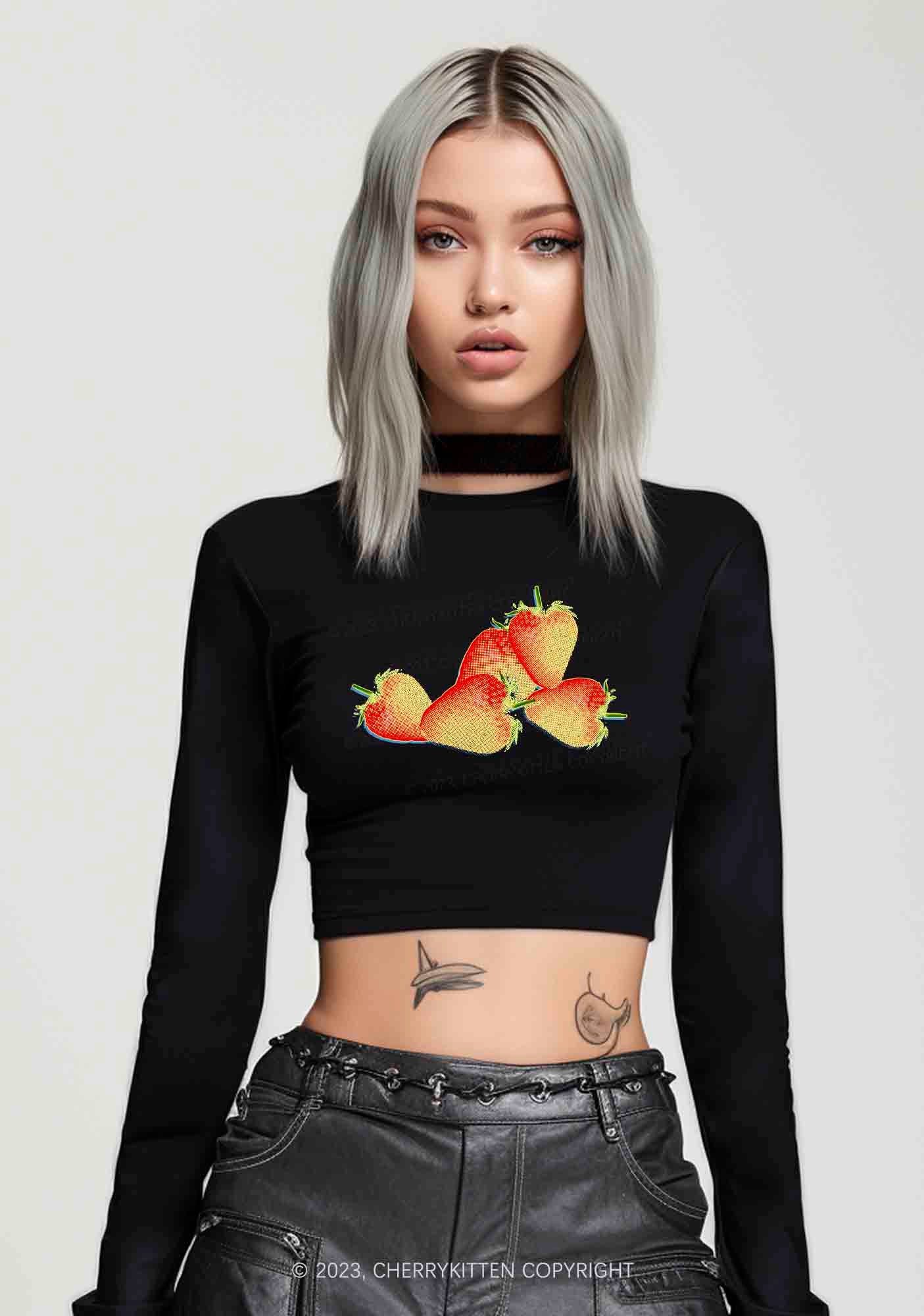 X Ray Strawberries Y2K Long Sleeve Crop Top Cherrykitten