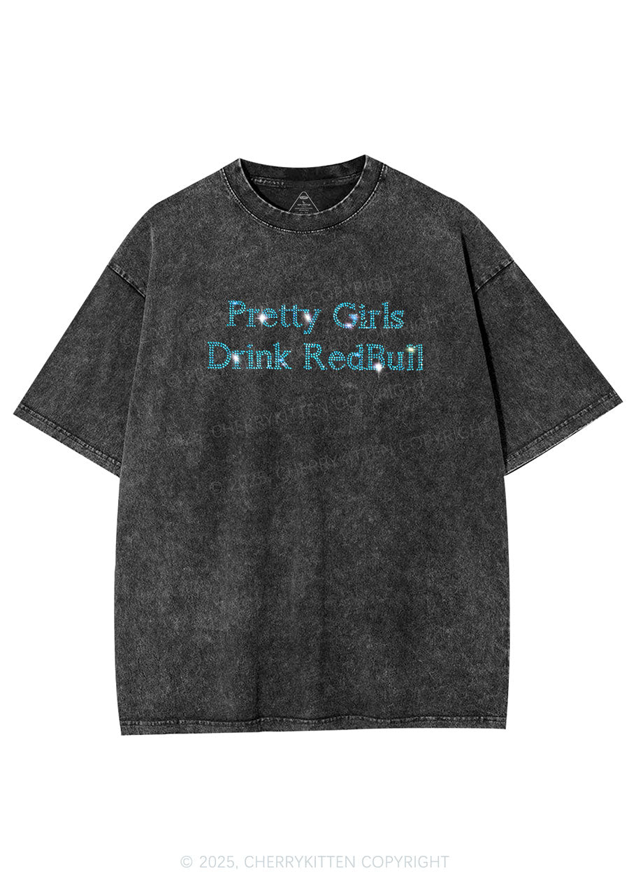 Rhinestone Pretty Girls Drink Redbull Y2K Shirts Washed Tee Cherrykitten