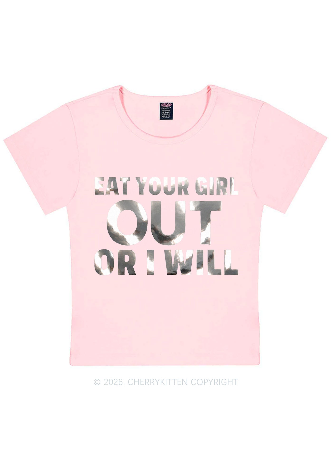 Eat Your Girl Out Silver Foil Printed Y2K Baby Tee Cherrykitten