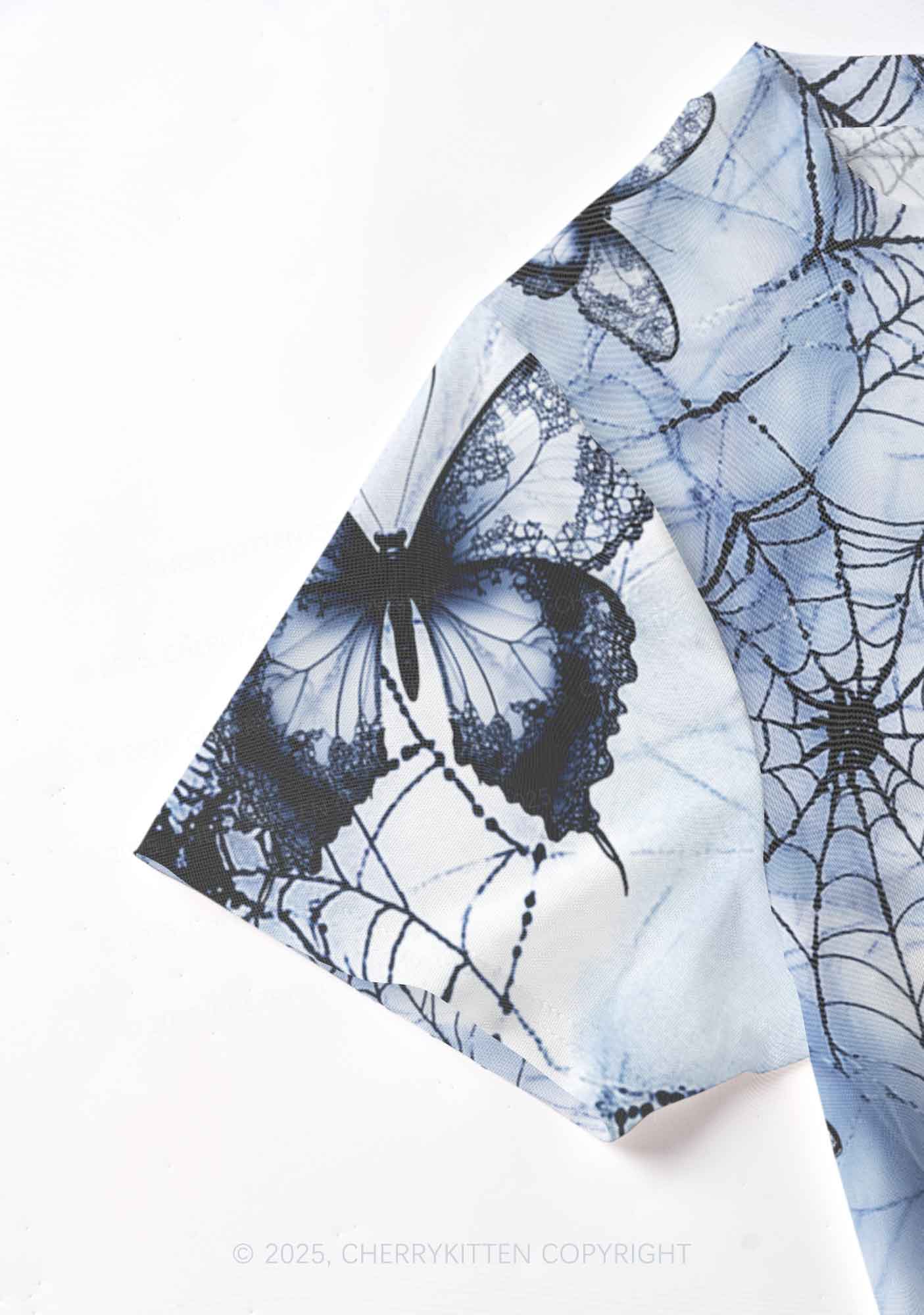Web And Butterflies Y2K Mesh Crop Top Cherrykitten