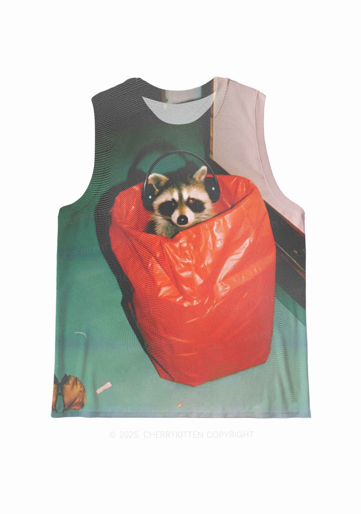 Raccoon With Headphones Y2K Mesh Muscle Tank Cherrykitten