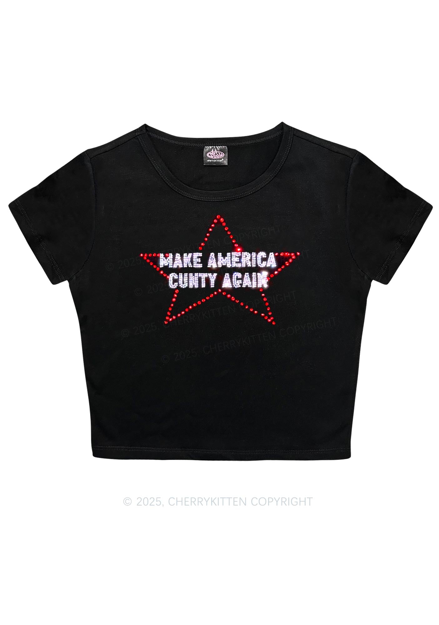 Rhinestone Make America Cxxty Again Y2K Baby Tee Cherrykitten