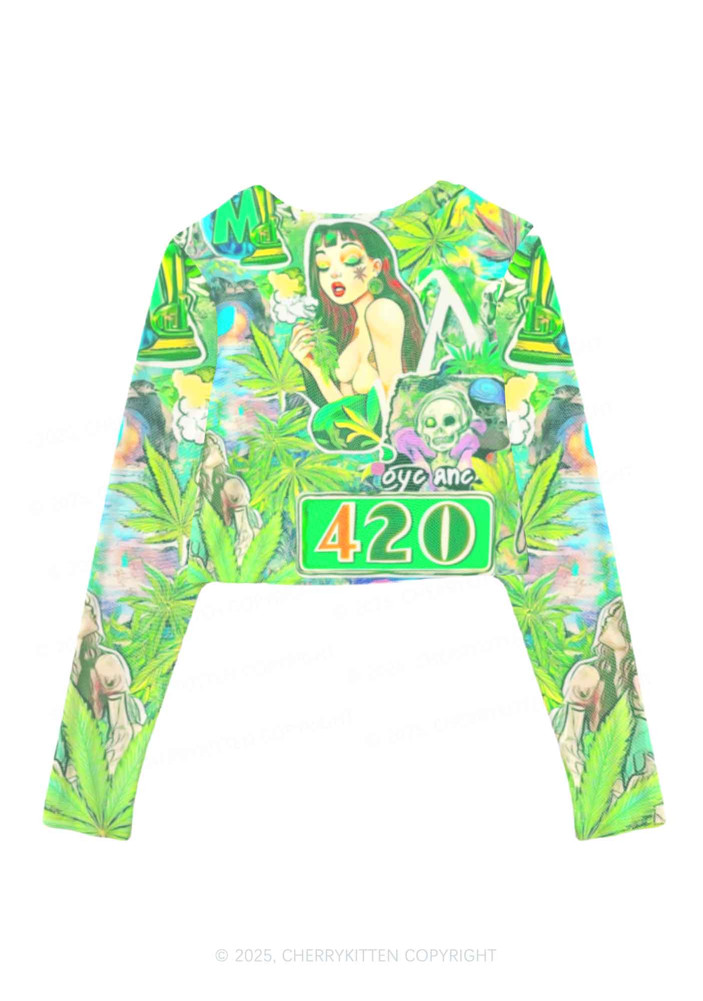 Smoking Girl Y2K Mesh Long Sleeve Crop Top Cherrykitten