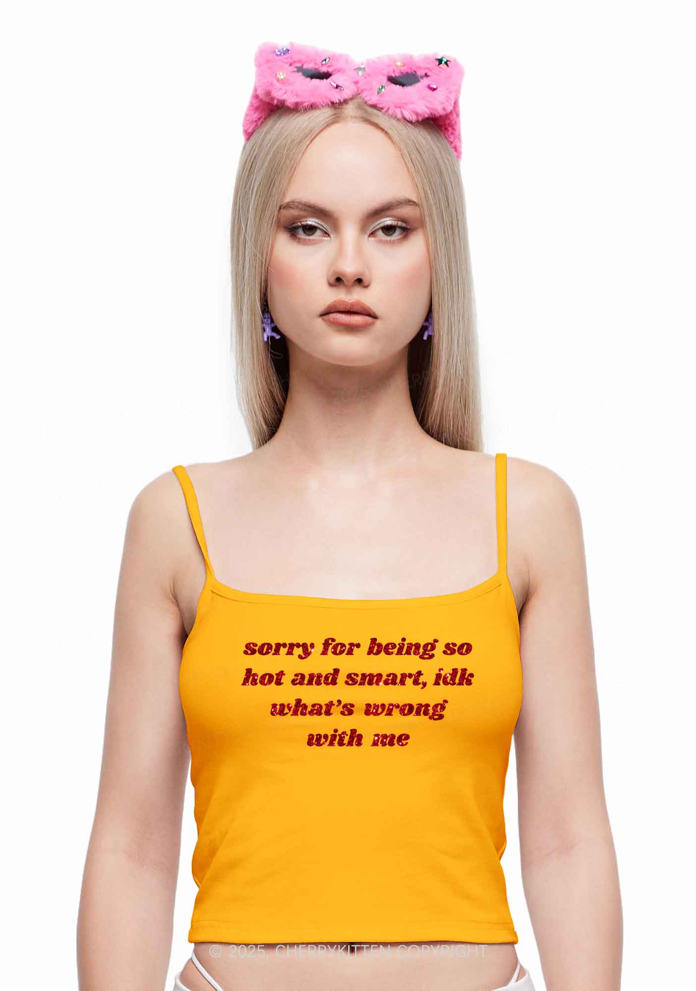Glitter Sorry For Being So Smart Y2K Spaghetti Strap Cami Cherrykitten