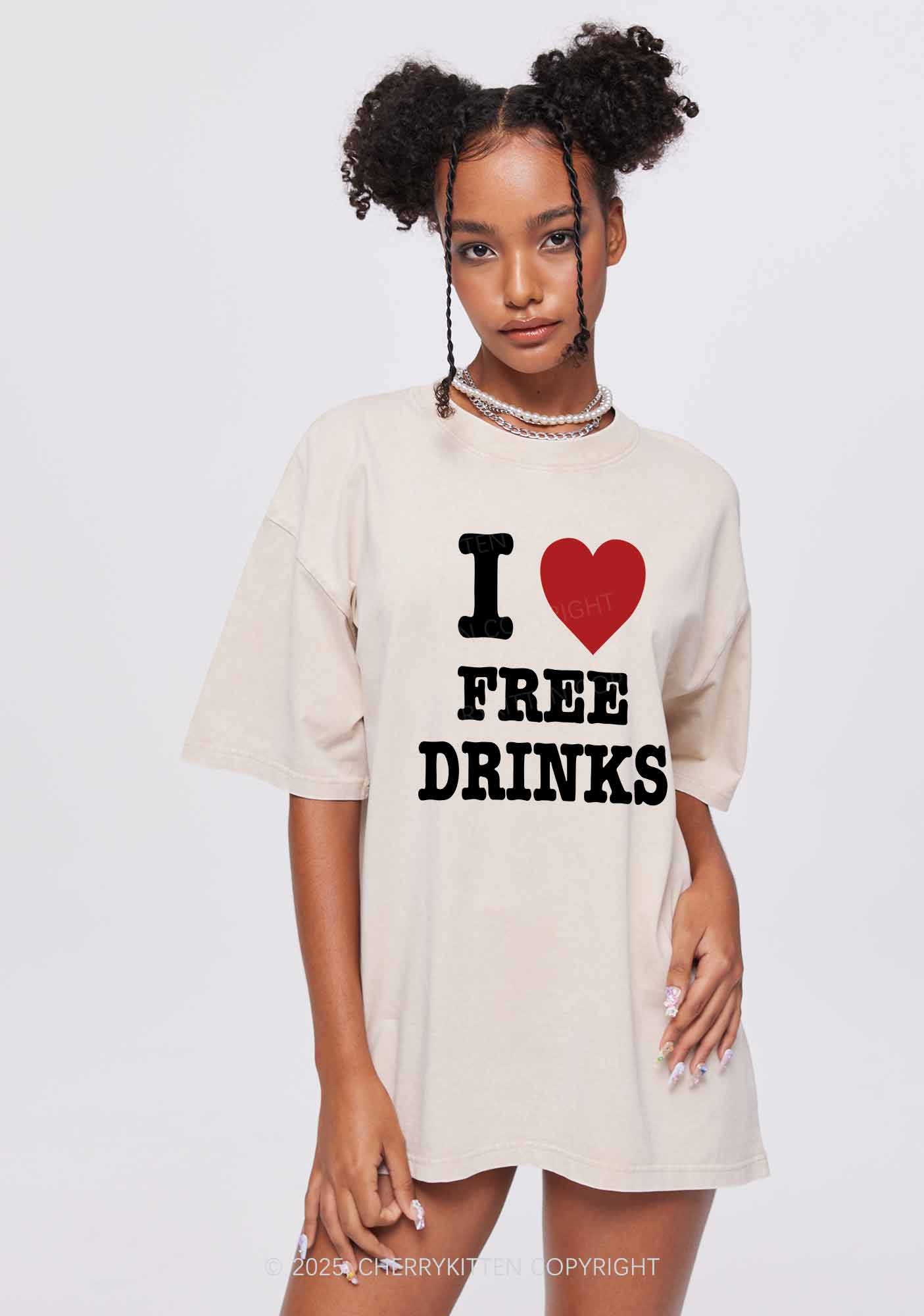 I Love Free Drinks Y2K Shirts Washed Tee Cherrykitten