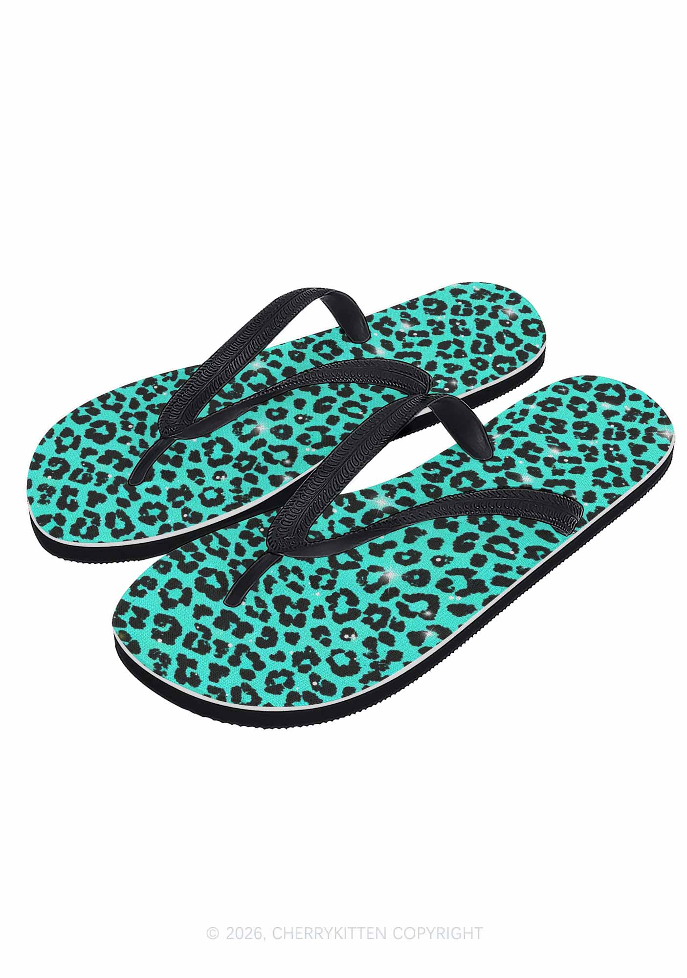 Turquoise Green Leopard Y2K Print Flip Flops Cherrykitten